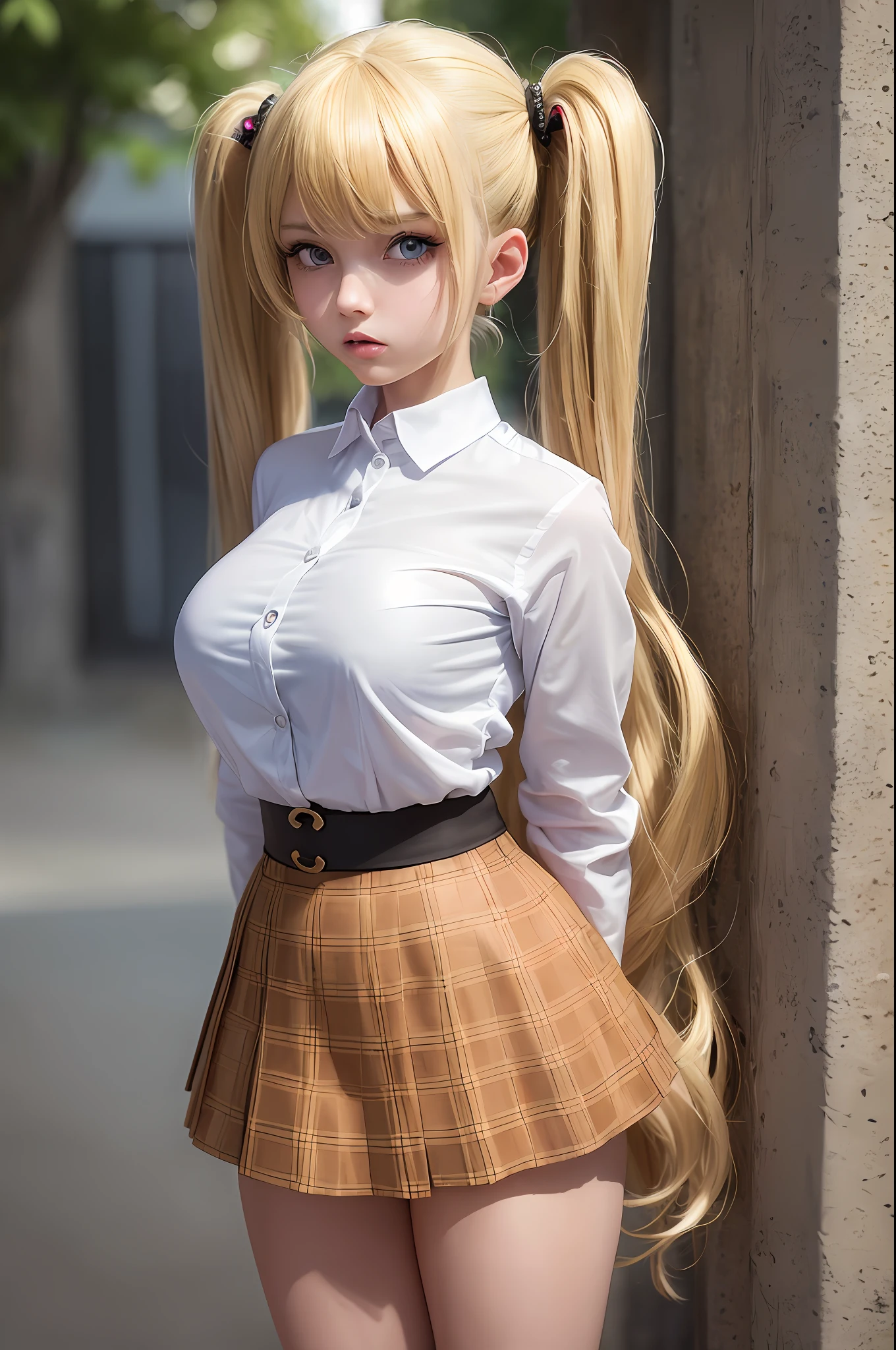 masterpiece, best quality, super detailed, beautiful detailed face, intricate details, illustration, flat color, depth of field, outline, general look, girl, ager, anime, standing, legs wider than shoulders, arms at waist, (village:1), nature, (blonde:1.6), (twintails:1.5), red pleated mini skirt, red skirt, white shirt, white shirt, unbuttoned top buttons, unbuttoned shirt, white blouse, (without bra:1.1), plunging neckline, black tights, detailed skin texture, detailed fabric texture, huge breasts, (blue eyes:1,1), (ruddy:1), dissatisfied, angry, furious, seductive look
