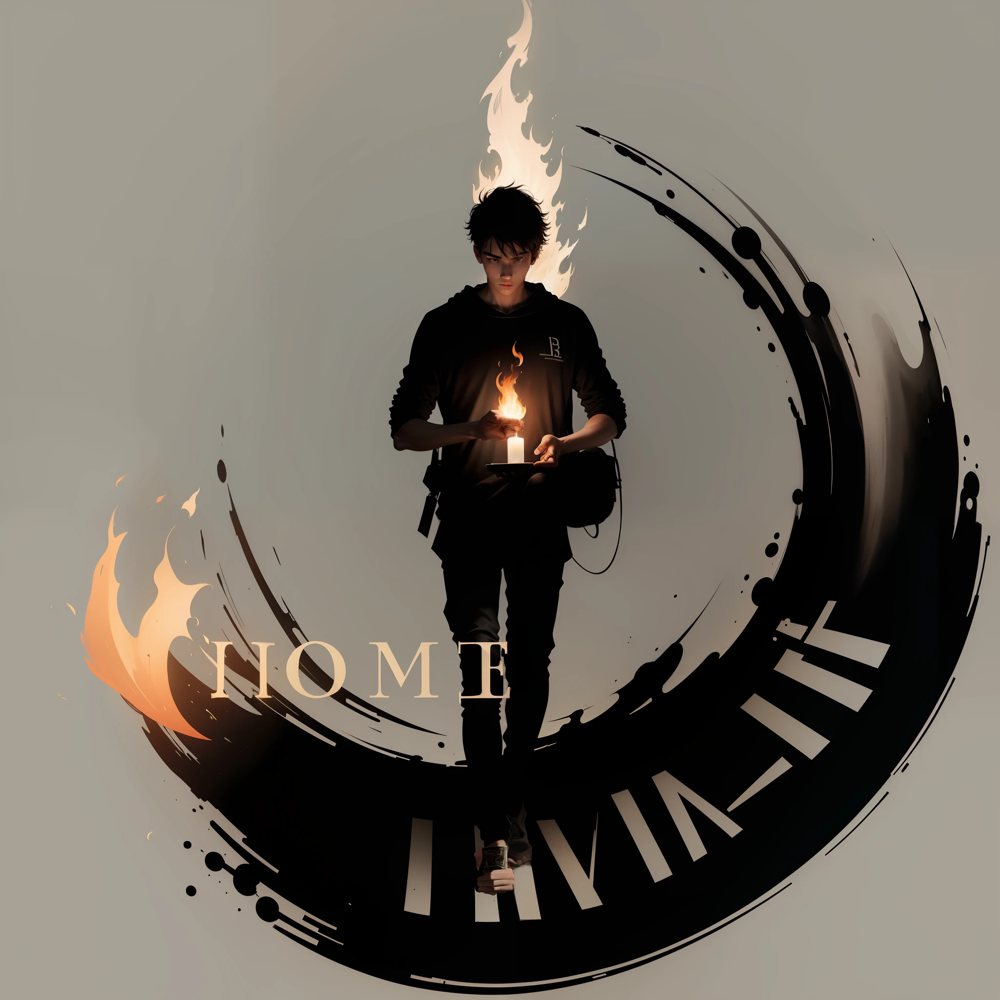 (Young man holding a flame and a Bible), minimalism, background written "MOVEMENT". Written on the black spot: "Send me."  " --auto --s2