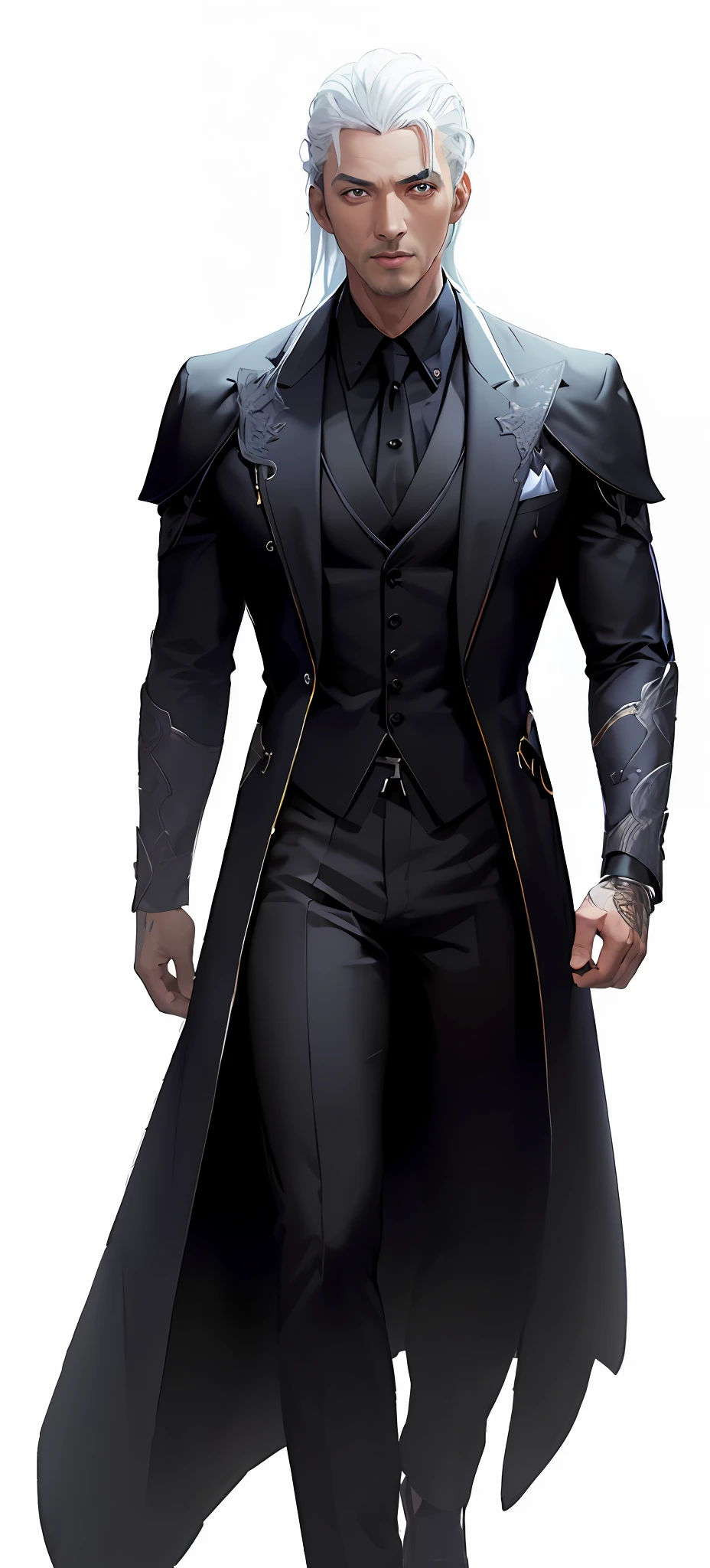Closeup of a man in a black suit and black hair, Will Smith full body portrait, dark suit, wearing a black aristocratic suit, male character, complex suit, human male character art, ((character concept art)), official figure art, full body detail, full body portrait, dnd rendering of a man, full body concept,  (dark background of old castle)