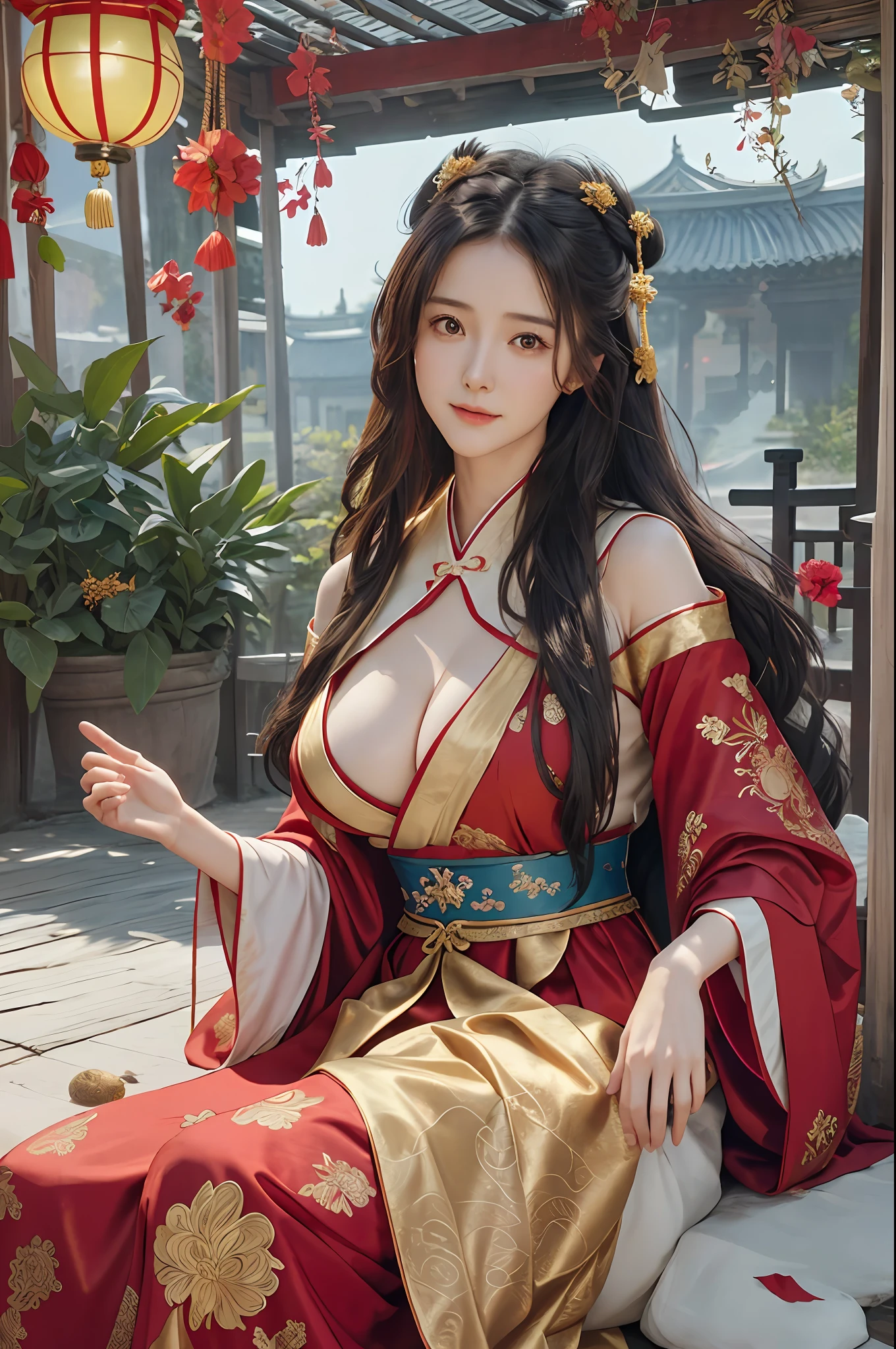 ((Marian Rivera)), cleavage, oriental woman in dress in an old chinese style, ((ultra long hanfu, multi-layer hanfu, colorful handfu, lots of fabric)), ((red and golden)), in the style of fujifilm eterna 400t, decadent graphic designer, victorian-era clothing, gutai group, fairycore, luxurious fabrics, gold leaf ,best quality, masterpiece, photo realistic, intricate details, raw photo, photon rendering, octane render, absurdres, ultra detailed, detailed face, detailed skin, trending on artstation, 8k masterpiece, cinematic lighting, ( (1girl)),((solo)),((looking_at_viewer)),trending on cg society,plasticien,((black long hair)),((beautiful woman)),(Smile),((sexy)),wind blowing hair, ((flowing hair)),happy,fashion magazine, ((full shot)), (((enormous amount of decoration ))) , nice breasts , ancient kettle, cups, books, a cottage, fire cracker, red lanterns, porcelain vases, flower pattern fabric, red leaves on the floor, ((colorful)), fruits on the floor