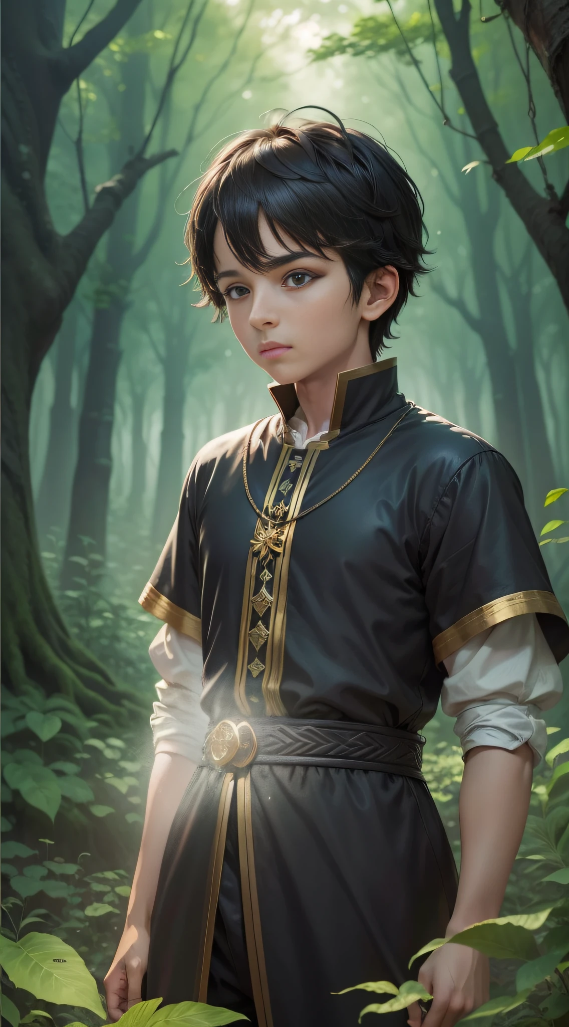 Character Kentarion, the young boy, orphaned human endowed with mysterious abilities, black hair, amber eyes, is in the middle of the forest of Azurana, observing the nature around him. ancestral trees, and seems to be absorbing the wisdom and secrets the forest has to offer. In the background, a faint magical glow is present, revealing the presence of magic and incantations in that place. The illustration should convey the sense of mystery, fascination and enchantment that permeate the magical world of Varnathia.