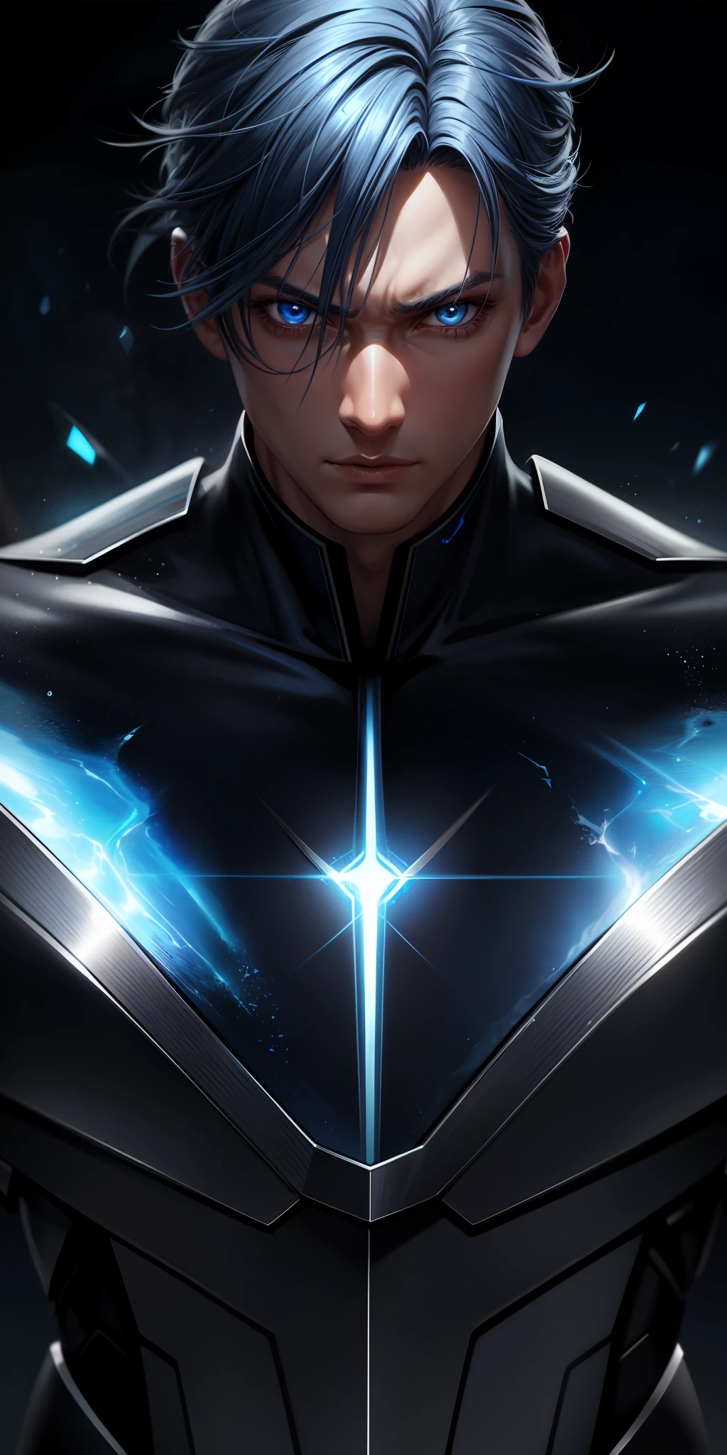 Male character with super power to control water, blue hair, blue eyes, 8k white skin, high definition, detailed face, detailed face, detailed eyes, hyper-realistic, + cinematic plan + dynamic composition, incredibly detailed, sharpness, detail + superb details + night with light + perfectionism + award-winning realism ((ambient lighting))