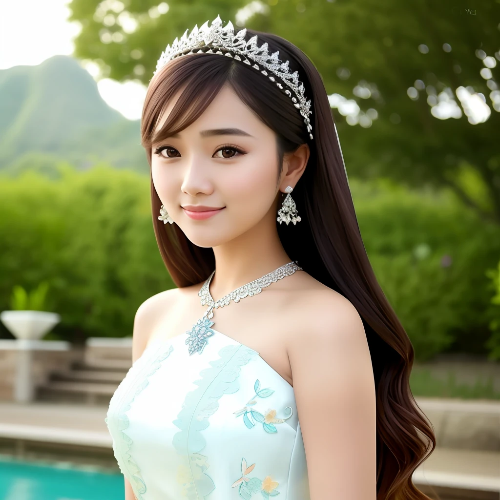 a close up of a woman wearing a beautiful dress, gorgeous young girl, gorgeous thai model, 20-year-old girl, young and cute girl, lovely delicate face, cute young woman, dilraba dilmurat, beautiful asian girl, jewelry, ethereal beauty, silver long hair, smile, happiness, windy, intricate details, detailed texture, finely detailed, high quality, best quality, photo-realistic,