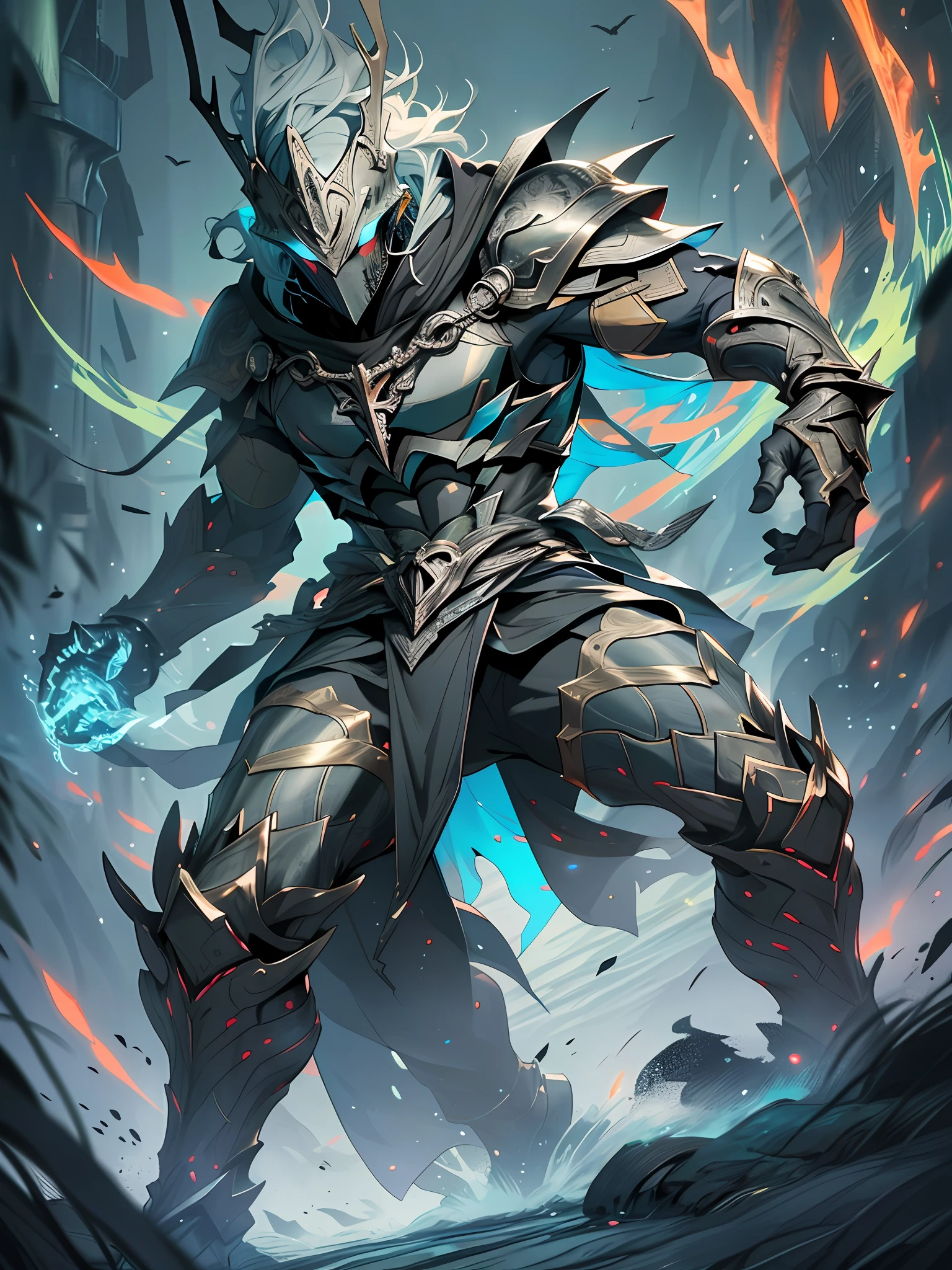 full body of tow hyper realistic hooded sharp ornate armored warriors mans fighting standing, waring mask, black and green, extra details armor, Many details, night, front view, battlefield background, full body, full body, all body, front view, wide angle, ultra details, ultra resolution, ultra quality, unreal engine 5, cinematic light, cinematic lighting, cinematic lighting, feet out of frame, super detail, 16k, high quality, best quality, textured skin, high details, super detail