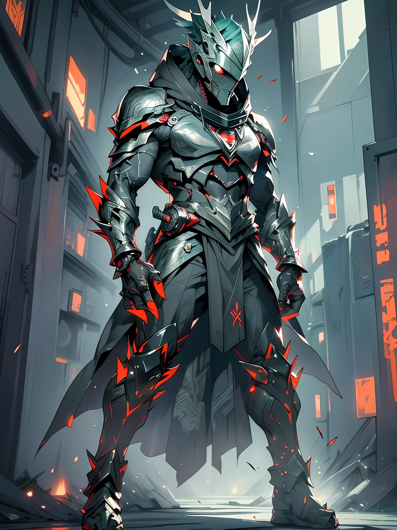 full body of tow hyper realistic hooded sharp ornate armored warriors mans fighting standing, waring mask, black and green, extra details armor, Many details, night, front view, battlefield background, full body, full body, all body, front view, wide angle, ultra details, ultra resolution, ultra quality, unreal engine 5, cinematic light, cinematic lighting, cinematic lighting, feet out of frame, super detail, 16k, high quality, best quality, textured skin, high details, super detail