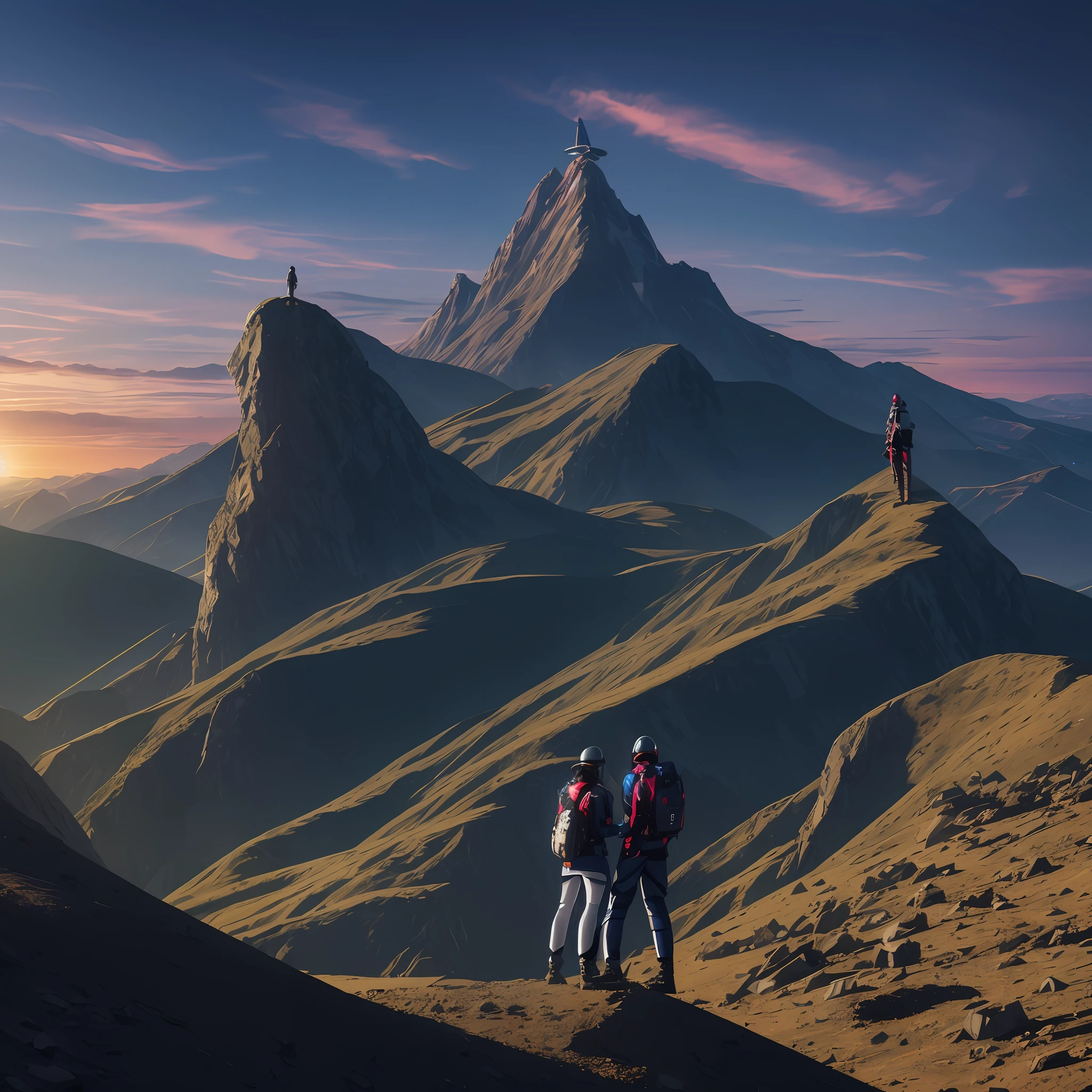 1 man and a woman on their backs with futuristic clothes, best quality, realistic, on a mountain peak. In the background several large cities, with holograms and several tall buildings, with many lights and spotlights. --auto --s2
