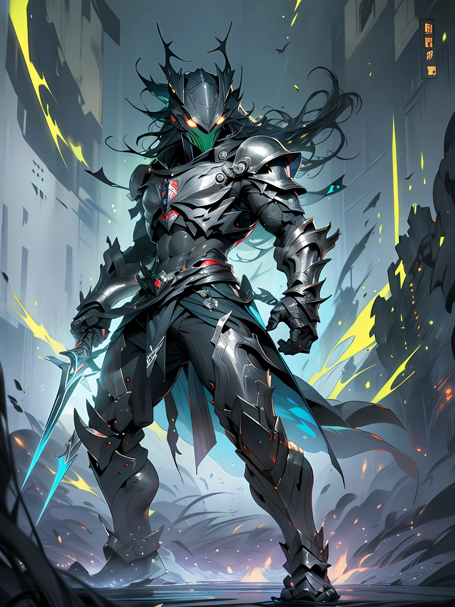 full body of tow hyper realistic hooded sharp ornate armored warriors mans fighting standing, waring mask, black and green, extra details armor, Many details, night, front view, battlefield background, full body, full body, all body, front view, wide angle, ultra details, ultra resolution, ultra quality, unreal engine 5, cinematic light, cinematic lighting, cinematic lighting, feet out of frame, super detail, 16k, high quality, best quality, textured skin, high details, super detail