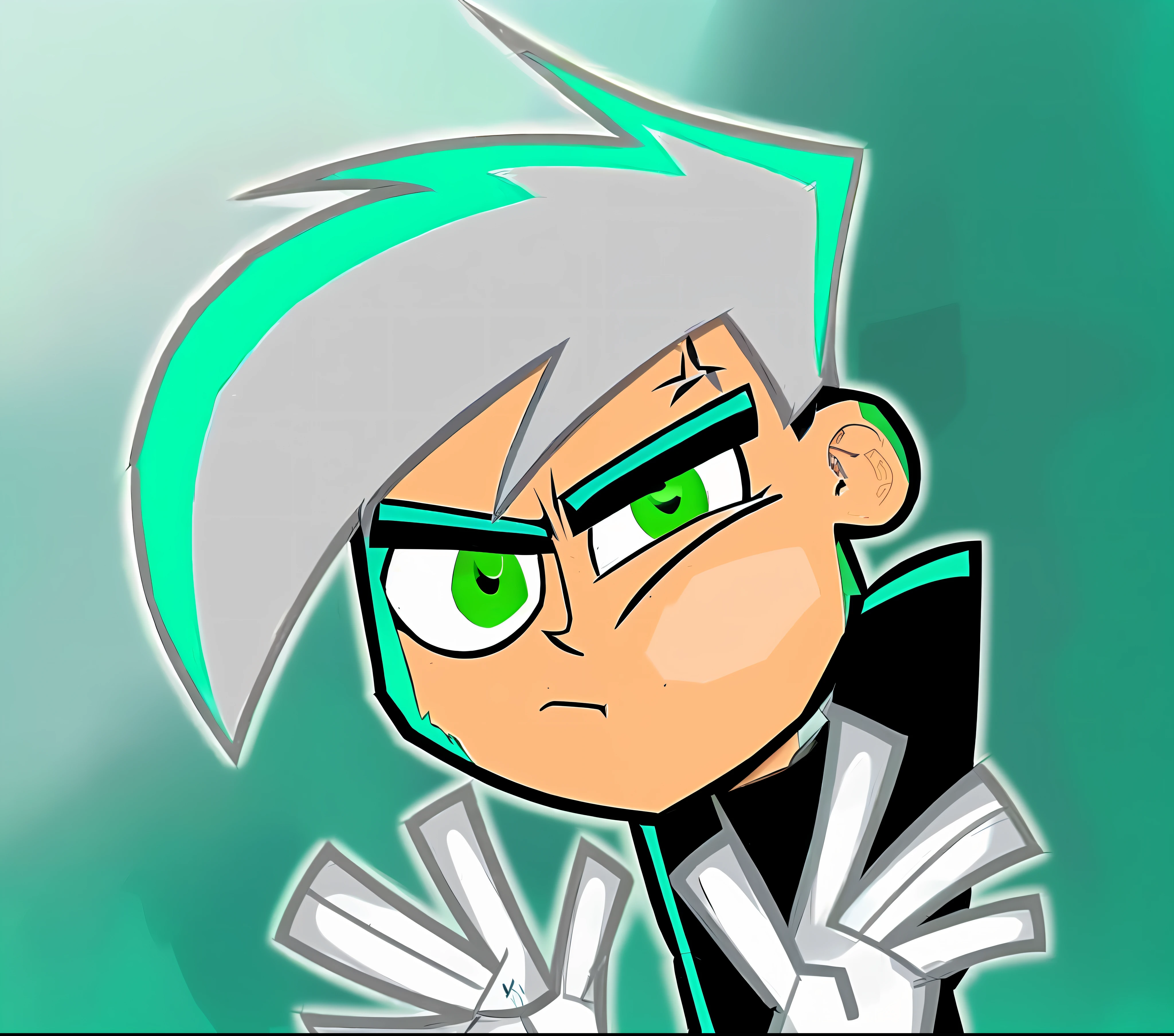 a close up of a cartoon character with green eyes and a white shirt, danny phantom, hero 2 d fanart artsation, this character has cryokinesis, varguyart style, trigger anime artstyle, cel shaded!!!, he has dark grey hairs, cartoon artstyle, nefarious smirk, 2 d cartoon, 2d cartoon, eldritchpunk