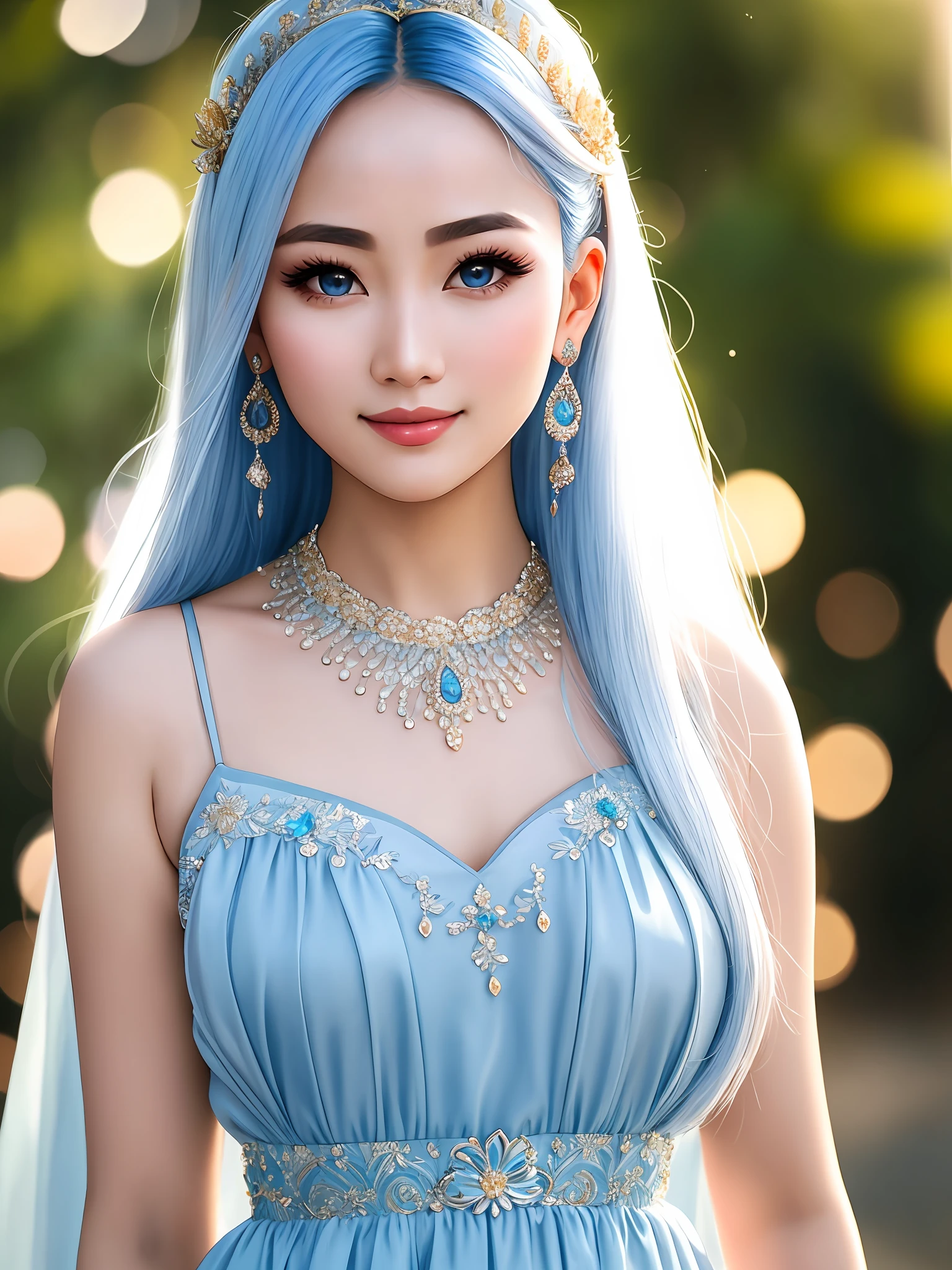 a close up face of a woman wearing a beautiful dress, gorgeous young girl with silver blue hair, gorgeous thai model, 20-year-old girl, young and cute girl, beautiful blue eyes, lovely delicate face, cute young woman, dilraba dilmurat, beautiful asian girl, jewelry, ethereal beauty, silver golden long hair, smile, happiness, windy, intricate details, detailed texture, finely detailed, high quality, best quality, photo-realistic, bokeh