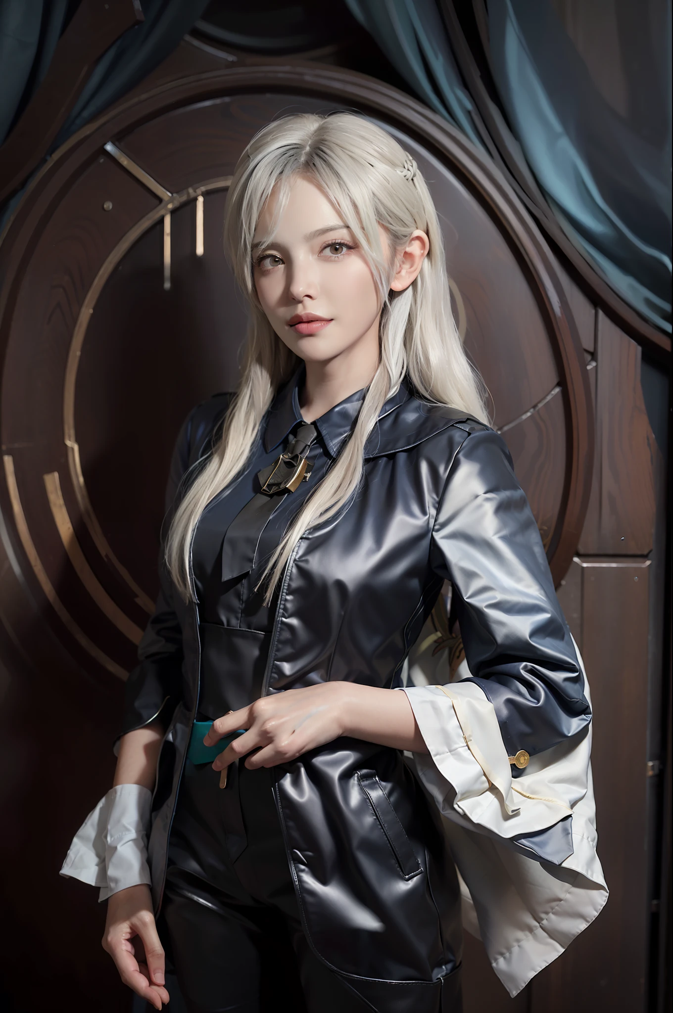 Hyperrealist portrait of female by david hockney and alphonse mucha,fantasy art, photo realistic, dynamic lighting, artstation, poster, volumetric lighting, very detailed faces, 4 k, award winning,, 1girl, in the dark, deep shadow, low key,cowboy shot,(official clothing:1.4) ,long hair,white hair,