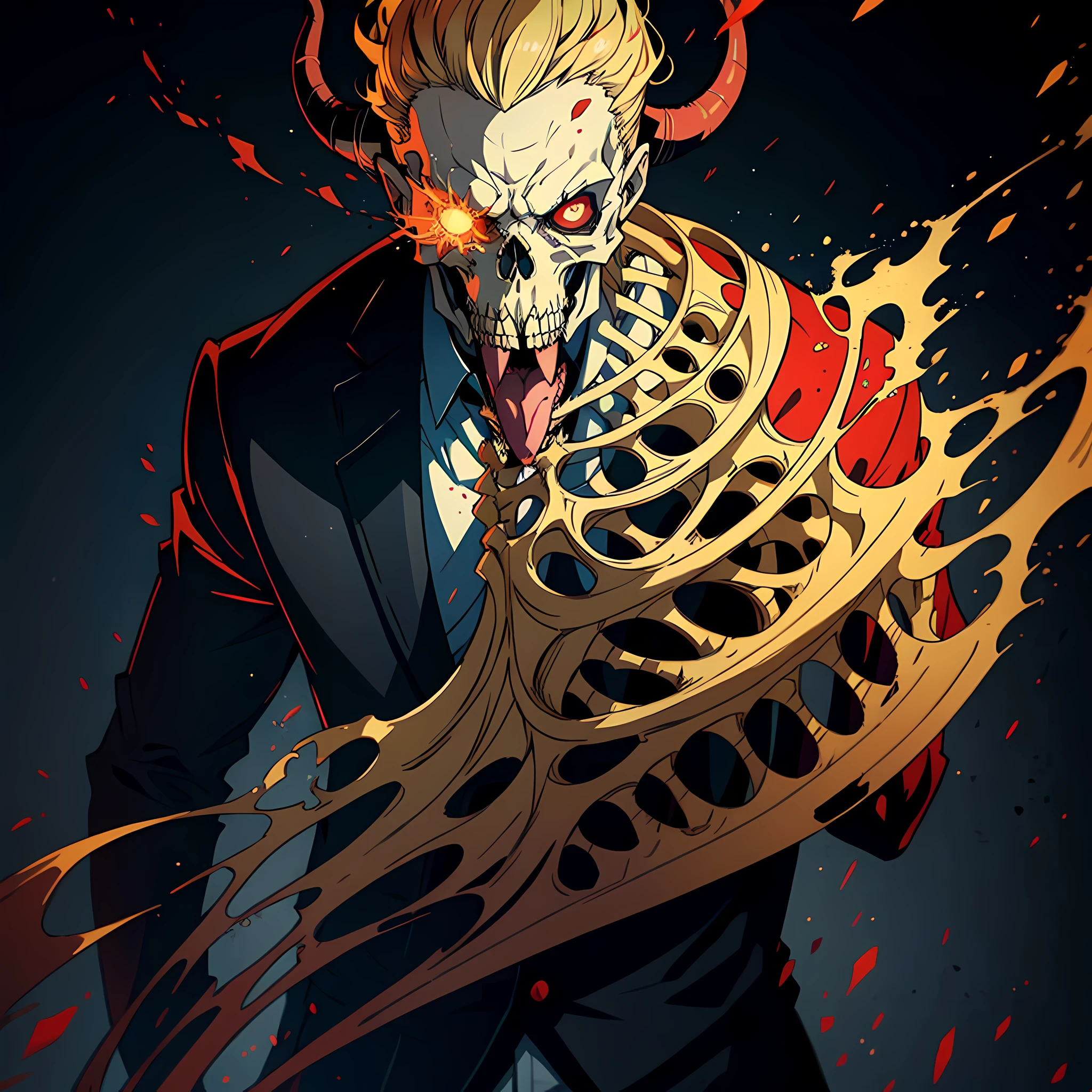 1 man, blonde, red eyes, black suit, (big mouth), torn to the root of the ear, demon horn, skeleton