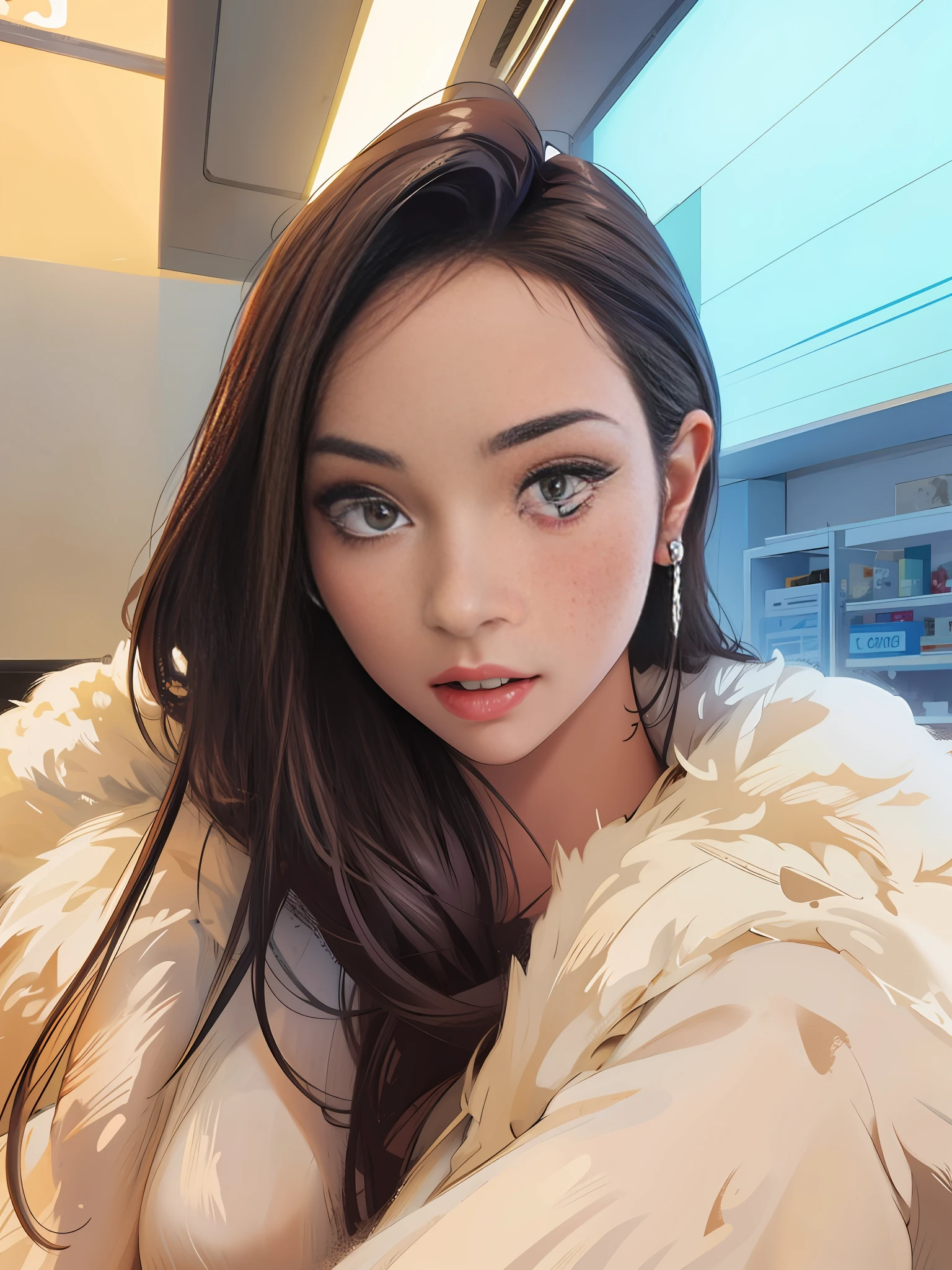 穿白色绒外套和耳环的长发女郎,美丽的韩国女人,(masterpiece:1,2), best quality, masterpiece, highres, original, extremely detailed wallpaper, perfect lighting,(extremely detailed CG:1.2), drawing, paintbrush,