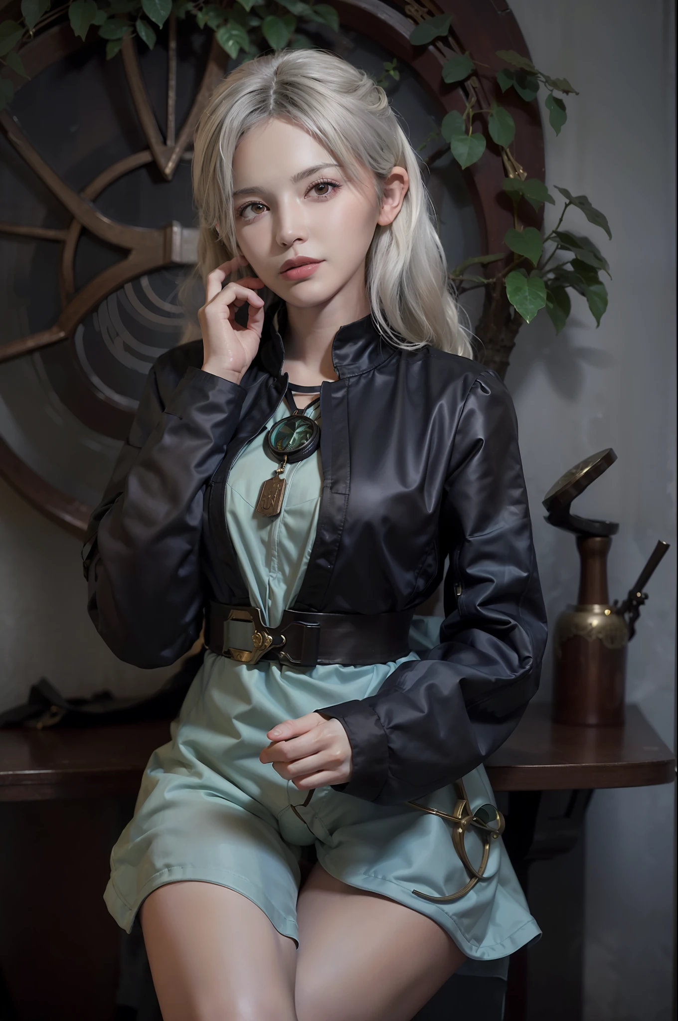 Hyperrealist portrait of female by david hockney and alphonse mucha,fantasy art, photo realistic, dynamic lighting, artstation, poster, volumetric lighting, very detailed faces, 4 k, award winning,, 1girl, in the dark, deep shadow, low key,cowboy shot,(official clothing:1.4) ,long hair,white hair,