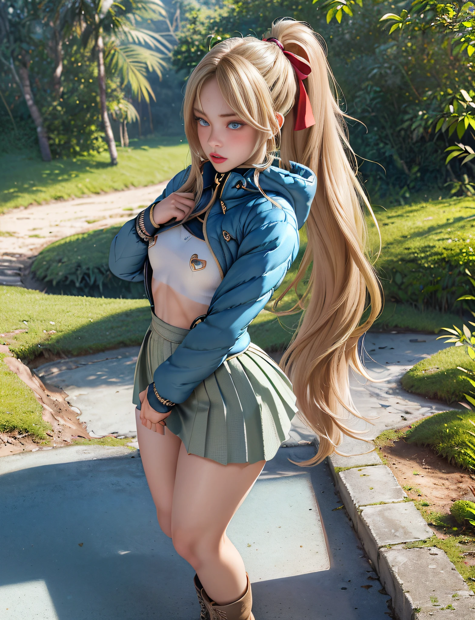 very detailed RAW color photo, (((1 girl))), (((alone))), (((30 years))), ((athletic)), ((very defined toned physique)), ((very defined and beautiful muscular body)), (((very detailed perfect body))), (((small and defined breasts))), (((ultra defined curves))), (((superior quality, 8k, masterpiece: 1.3)), sharp focus: 1.2, (((extremely beautiful girl with perfect figure: 1.4))), ((very thin waist: 1.2)), ultra detailed skin texture,  ((perfect and beautiful hands)), ((smooth and soft skin)), (ultra detailed fabric texture), extremely beautiful ultra detailed face, (((extremely beautiful))), intricate details, ultra detailed, (((girl wearing a tight winter jacket with a skirt))), (((extremely long straight blonde hair))), extremely beautiful, (((extra long ponytail with bangs))), ((very detailed and beautiful wolf ears)), (hair on the face),  ((hair ribbon)), dynamic pose, ((uniform leaves thighs exposed)), ((ultra detailed legs)), (((ultra detailed waist))), (((very wide hips))), (((very thick and toned thighs))), (sexy), (((extreme hourglass figure))), (((very thick heart lips))), ((red lipstick)), ((ultra detailed lips)), ((ultra detailed blue eyes)), ((angry look)), (((staring at the viewer))), ultra detailed provocative mouth,  Extremely beautiful seductive lips, ((blushing)), (makeup), (((ultra defined waist))), eye shadow, (full body shot), (military boots), in the jungle, outdoors.