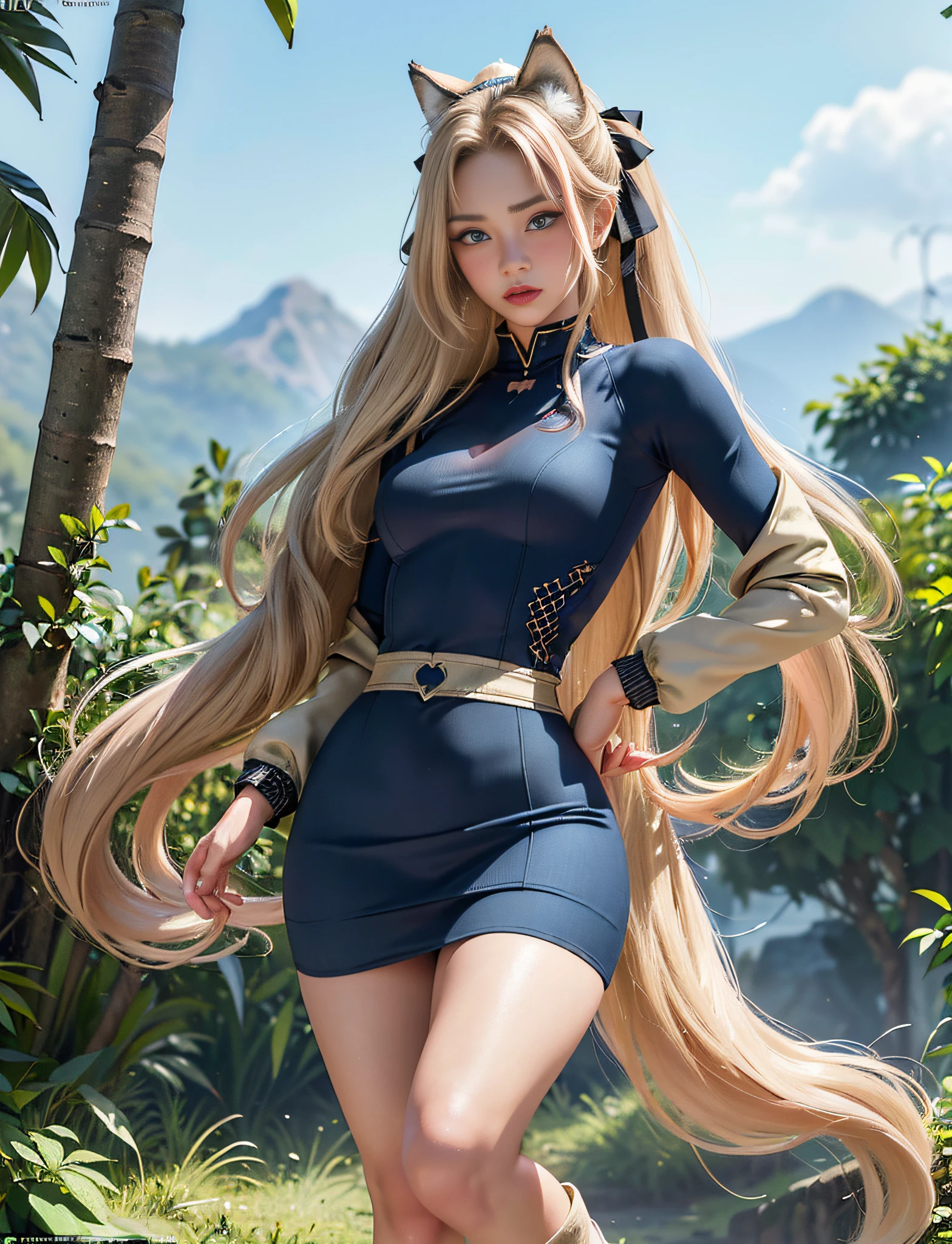 very detailed RAW color photo, (((1 girl))), (((alone))), (((30 years))), ((athletic)), ((very defined toned physique)), ((very defined and beautiful muscular body)), (((very detailed perfect body))), (((small and defined breasts))), (((ultra defined curves))), (((superior quality, 8k, masterpiece: 1.3)), sharp focus: 1.2, (((extremely beautiful girl with perfect figure: 1.4))), ((very thin waist: 1.2)), ultra detailed skin texture, ((perfect and beautiful hands)), ((smooth and soft skin)), (ultra detailed fabric texture), extremely beautiful ultra detailed face, (((extremely beautiful))), intricate details, ultra detailed, (((girl wearing a tight winter jacket with a skirt))), (((extremely long straight blonde hair))), extremely beautiful, (((extra long ponytail with bangs))), ((very detailed and beautiful wolf ears)), (hair on the face), ((hair ribbon)), dynamic pose, ((uniform leaves thighs exposed)), ((ultra detailed legs)), (((ultra detailed waist))), (((very wide hips))), (((very thick and toned thighs))), (sexy), (((extreme hourglass figure))), (((very thick heart lips))), ((red lipstick)), ((ultra detailed lips)), ((ultra detailed blue eyes)), ((angry look)), (((staring at the viewer))), ultra detailed provocative mouth, Extremely beautiful seductive lips, ((blushing)), (makeup), (((ultra defined waist))), eye shadow, (full body shot), (military boots), in the jungle, outdoors.