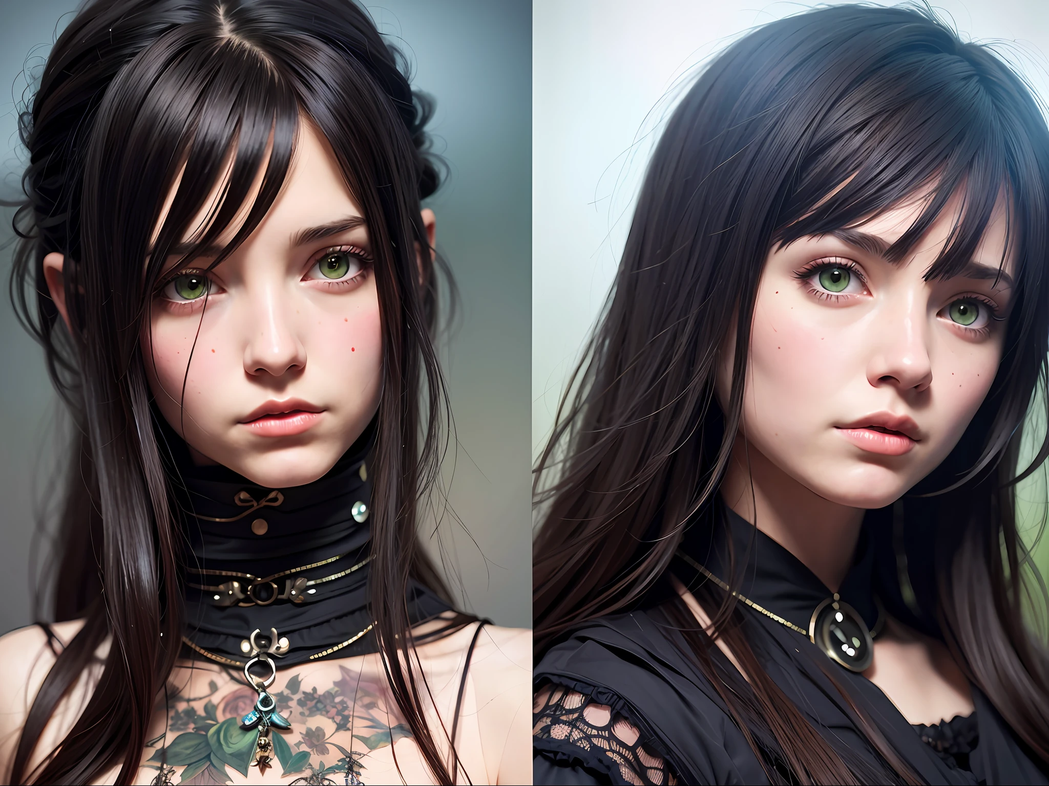 A detailed portrait of a cute goth brunette girl with green eyes, dark eerie background, by justin gerard and agnes cecile, digital art, realistic painting, trending on artstation,16k