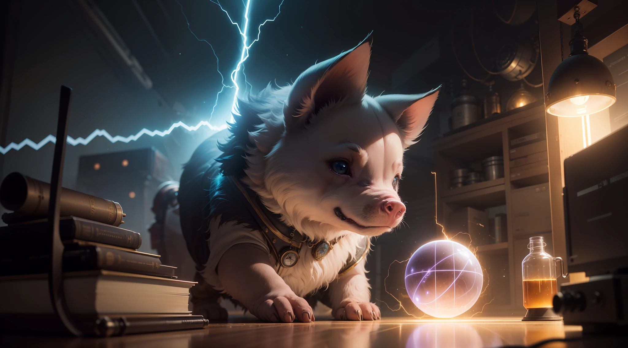 /Imagination Tip: In the lab, a piglet touches a quantum electromagnetic ball, cute steampunk piglet: :15, cute piglet, lightning, lots of lightning: :18, quantum electromagnetic sphere radiates: :12, piglet electrocuted::15, diagonal composition: :5, profle::12, Unreal Engine::14, cinematic light::10, volumetric light::10, drama: :8, fantasy::7, super mass::8, futuristic lab: :13, Steampunk: 15 --Seed 4294967295--S 400 --Q 2--C 40