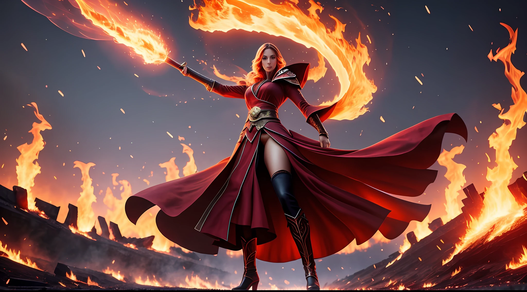 High Frequency: 1.8, Rich Detail, Masterpiece, 8K, Large Panorama, Full Body Shot, Epic Atmosphere, Night, Very Dark, Beautiful Sexy 28-Year-Old Female Mage in Dark Red Robe, Flame Burning on Female Mage's Robe: 1.5, Female Mage Dancing, Ritual, Casting, Hands Waving Huge Scepter, Sceptre on Fire: 1.5, Burning Battlefield Background, The fire lit up the ruins, Depth of field effect: 1.5, distant crowds running: 1.4 --auto --s2