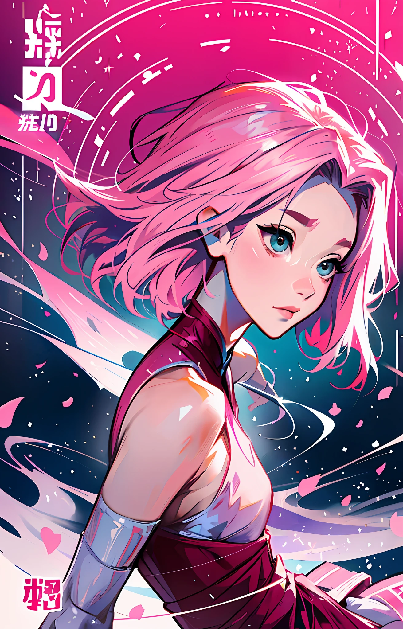Sakura haruno, an artistic skater, dancing on an ice rink, Sakura's hair is pink and short, there is nothing on her head, no adornment, her body is thin and graceful, her outfit is red, the image is charming and spectacular and there is depth in the scene, it is exciting, she is delicate, book cover