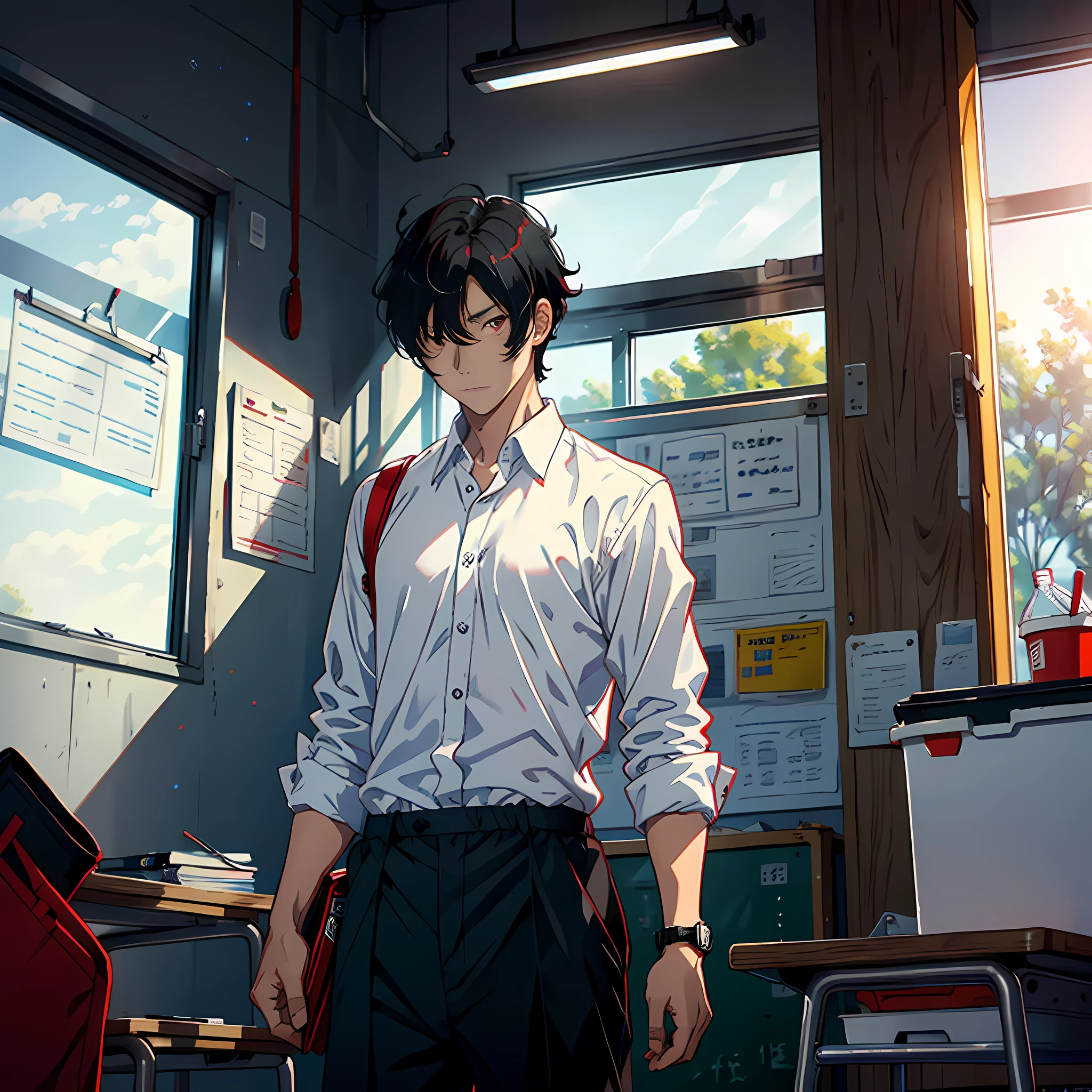 1 man, black hair, red eyes, white shirt, turned, looked behind him, classroom in the background