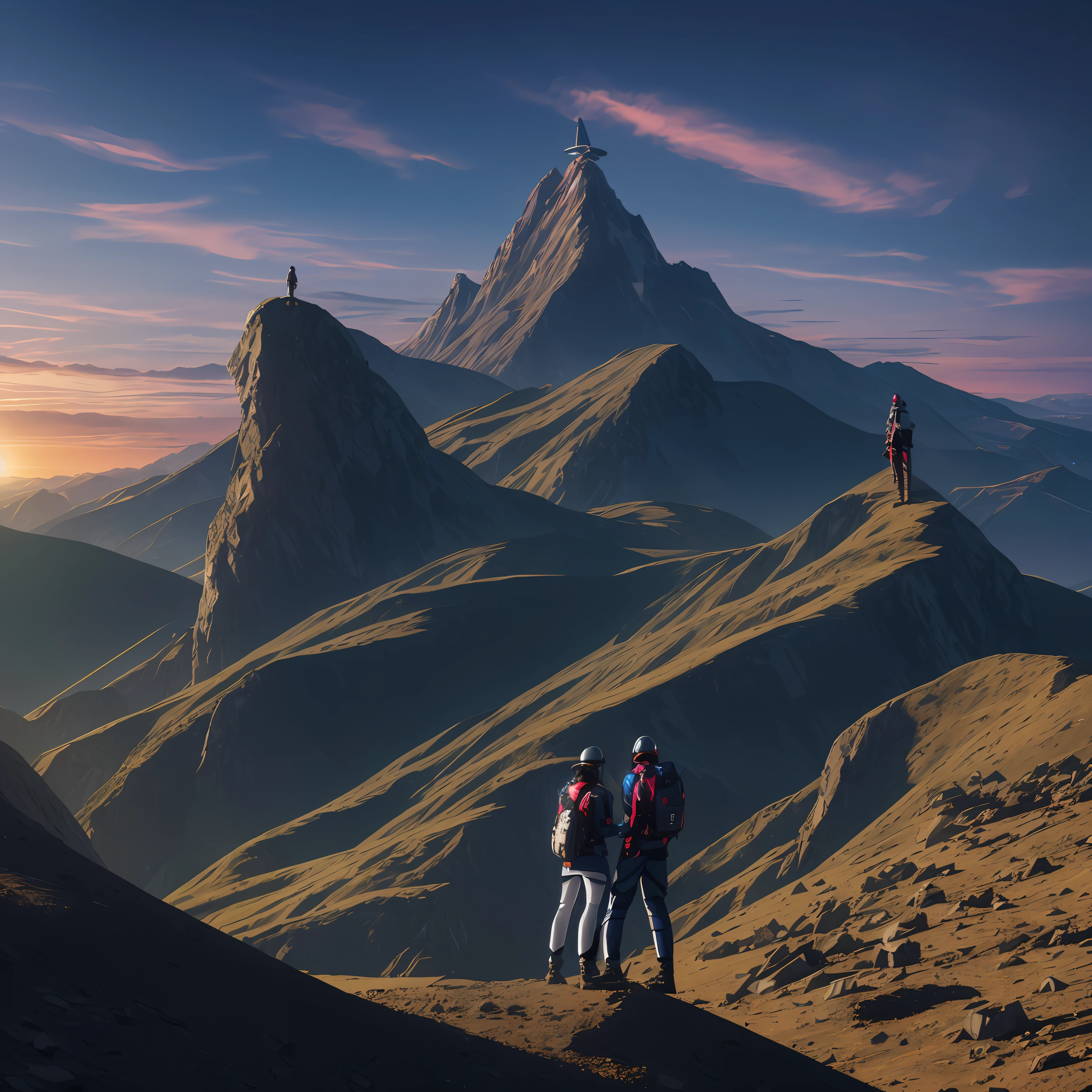 1 man and a woman on their backs with futuristic clothes, best quality, realistic, on a mountain peak. In the background several large cities, with holograms and several tall buildings, with many lights and spotlights. --auto --s2