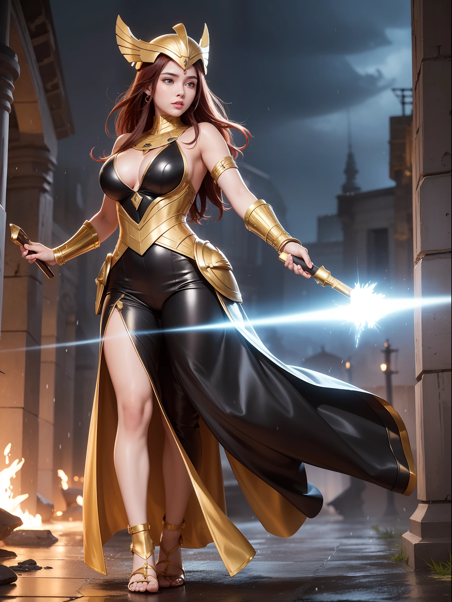 ((Full body photo,standing, feet on the ground)), Saria has large breasts, helmet on her head, black color with golden parts/futuristic Egyptian costume, Egyptian necklace on her neck, extremely tight on her body, (in an ancient city raining hard and thundering), she has (short red hair, blue eyes), is with her hands closed, holding a scepter of pure gold, landing for the viewer, extremely exhibitionist, is looking at the viewer, manic smile, face with red cheek, (hair, body and clothing all wet, moistened and transparent clothing, light makeup on the face, Futurism, 16k, UHD, retina, masterpiece, ccurate, anatomically correct, best quality, high quality, textured skin
