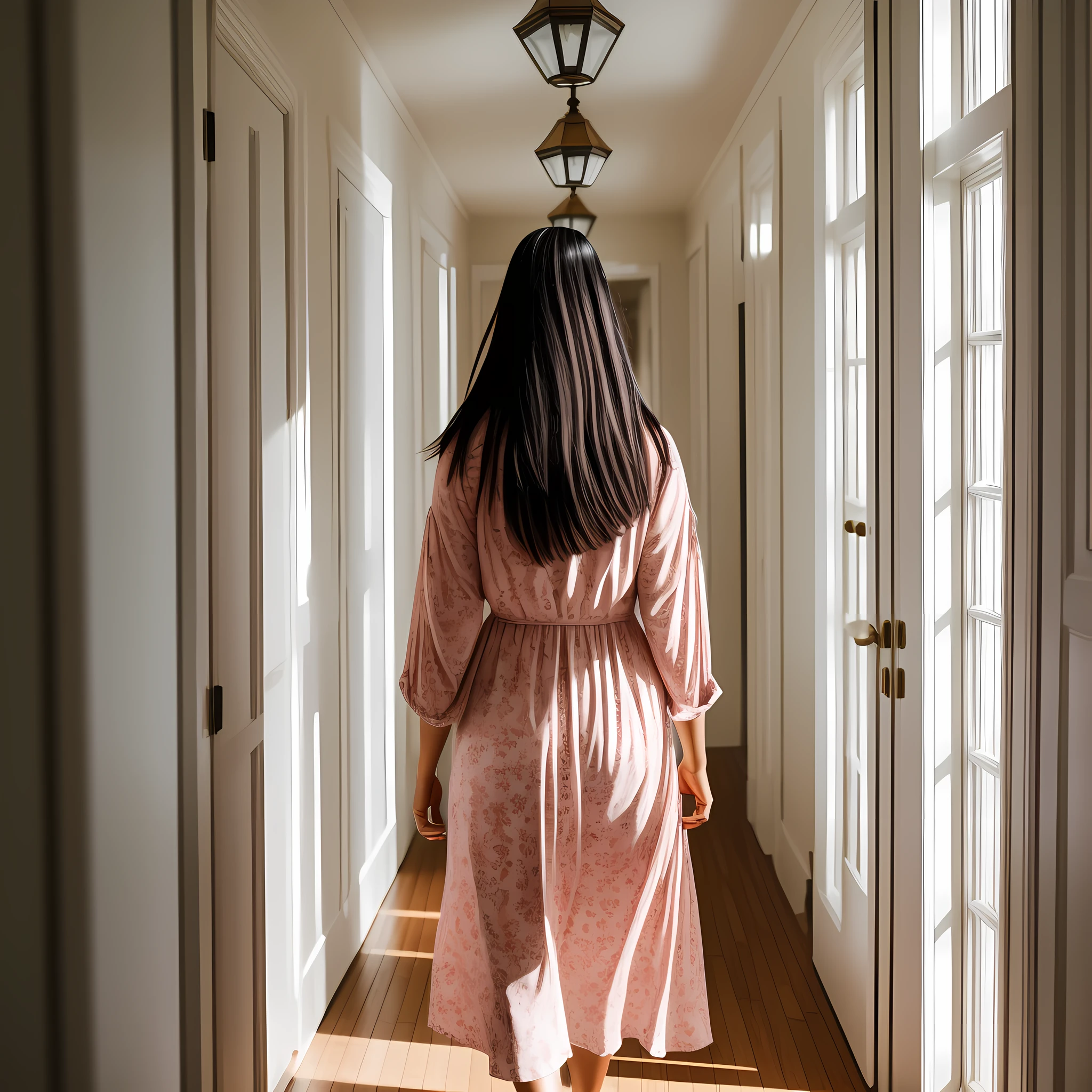 a perfect medium photo of a kinda (stressed:0.4) normal woman looking back at me, (walking down the hall:0.6), natural lighting
