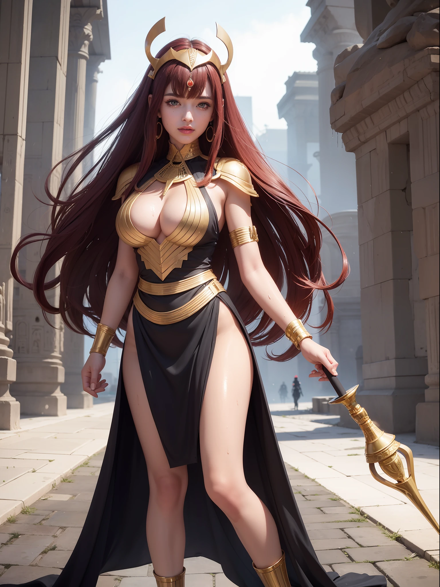 ((Full body photo,standing, feet on the ground)), Saria has large breasts, helmet on her head, black color with golden parts/futuristic Egyptian costume, Egyptian necklace on her neck, extremely tight on her body, (in an ancient city raining hard and thundering), she has (short red hair, blue eyes), is with her hands closed, holding a scepter of pure gold, landing for the viewer, extremely exhibitionist, is looking at the viewer, manic smile, face with red cheek, (hair, body and clothing all wet, moistened and transparent clothing, light makeup on the face, Futurism, 16k, UHD, retina, masterpiece, ccurate, anatomically correct, best quality, high quality, textured skin