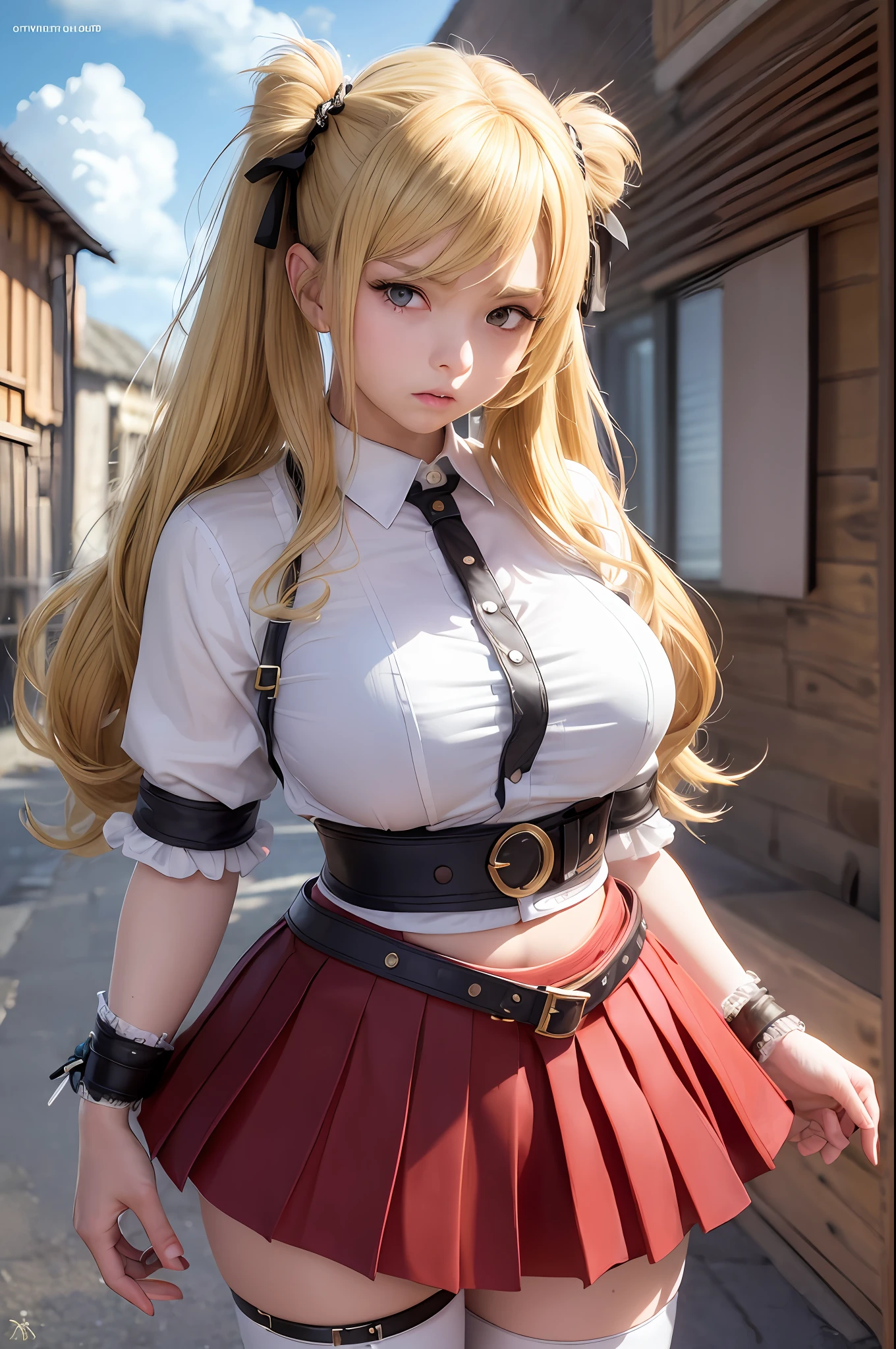 masterpiece, best quality, super detailed, beautiful detailed face, intricate details, illustration, flat color, depth of field, outline, overall view, camera far away, girl, ager, anime, standing, standing straight to the camera, full height, leading the whole girl, wide stance, legs spread wider than shoulders, hands at the waist, hands on the belt, elbows to the sides, fighting stance, (village:1), nature, (blonde:1.6), (twintails:1.5), red pleated mini skirt, red skirt, white shirt, white shirt, unbuttoned top buttons, unbuttoned shirt, white blouse, (without bra:1.1), plunging neckline, black tights, detailed leather texture, detailed fabric texture, huge breasts, (blue eyes:1,1), (ruddy:1), dissatisfied, angry, furious, frowned