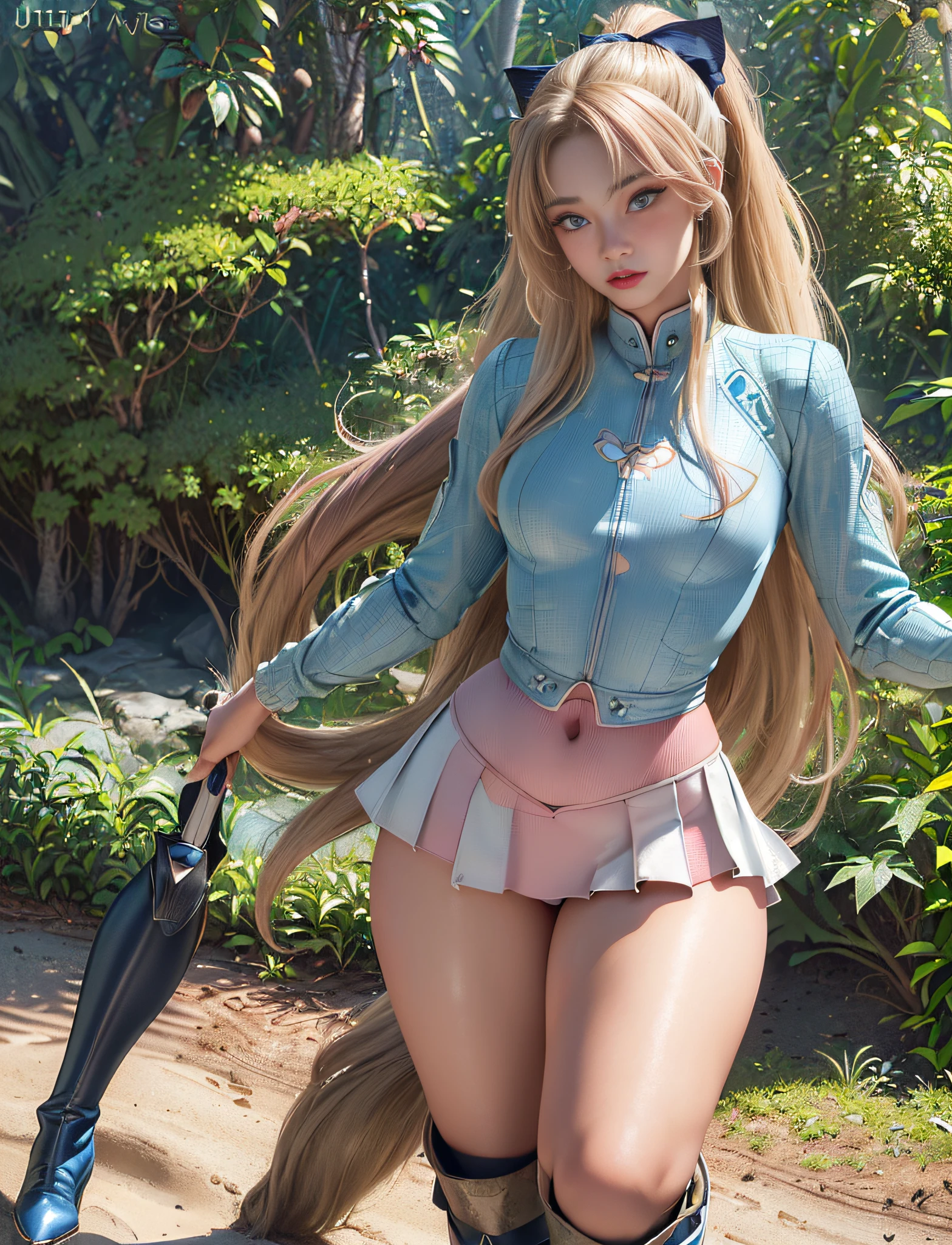 very detailed RAW color photo, (((1 girl))), (((alone))), (((37 years))), ((athletic)), ((very defined toned physique)), (((very defined and beautiful muscular body)), (((very detailed perfect body))), (((small and defined breasts))), (((ultra defined curves))), (((superior quality, 8k, masterpiece: 1.3)), sharp focus: 1.2, (((extremely beautiful girl with perfect figure: 1.4))), ((very thin waist: 1.2)), ultra detailed skin texture, ((perfect and beautiful hands)), ((smooth and soft skin)), (ultra detailed fabric texture), extremely beautiful ultra detailed face, (((extremely beautiful))), intricate details, ultra detailed, (((girl wearing a tight mountain jacket with a skirt))), (((extremely long straight blonde hair))), extremely beautiful, (((extra long ponytail with bangs))), ((very detailed and beautiful wolf ears)), (hair on the face), ((hair ribbon)), dynamic pose, ((uniform leaves thighs exposed)), ((ultra detailed legs)), (((ultra detailed waist))), (((very wide hips))), (((very thick and toned thighs))), (sexy), (((extreme hourglass figure))), (((very thick heart lips))), ((red lipstick)), ((ultra detailed lips)), ((ultra detailed blue eyes)), ((angry look)), (((staring at the viewer))), ultra detailed provocative mouth, Extremely beautiful seductive lips, ((blushing)), (makeup), (((ultra defined waist))), eye shadow, (full body shot), (military boots), in the jungle, outdoors.