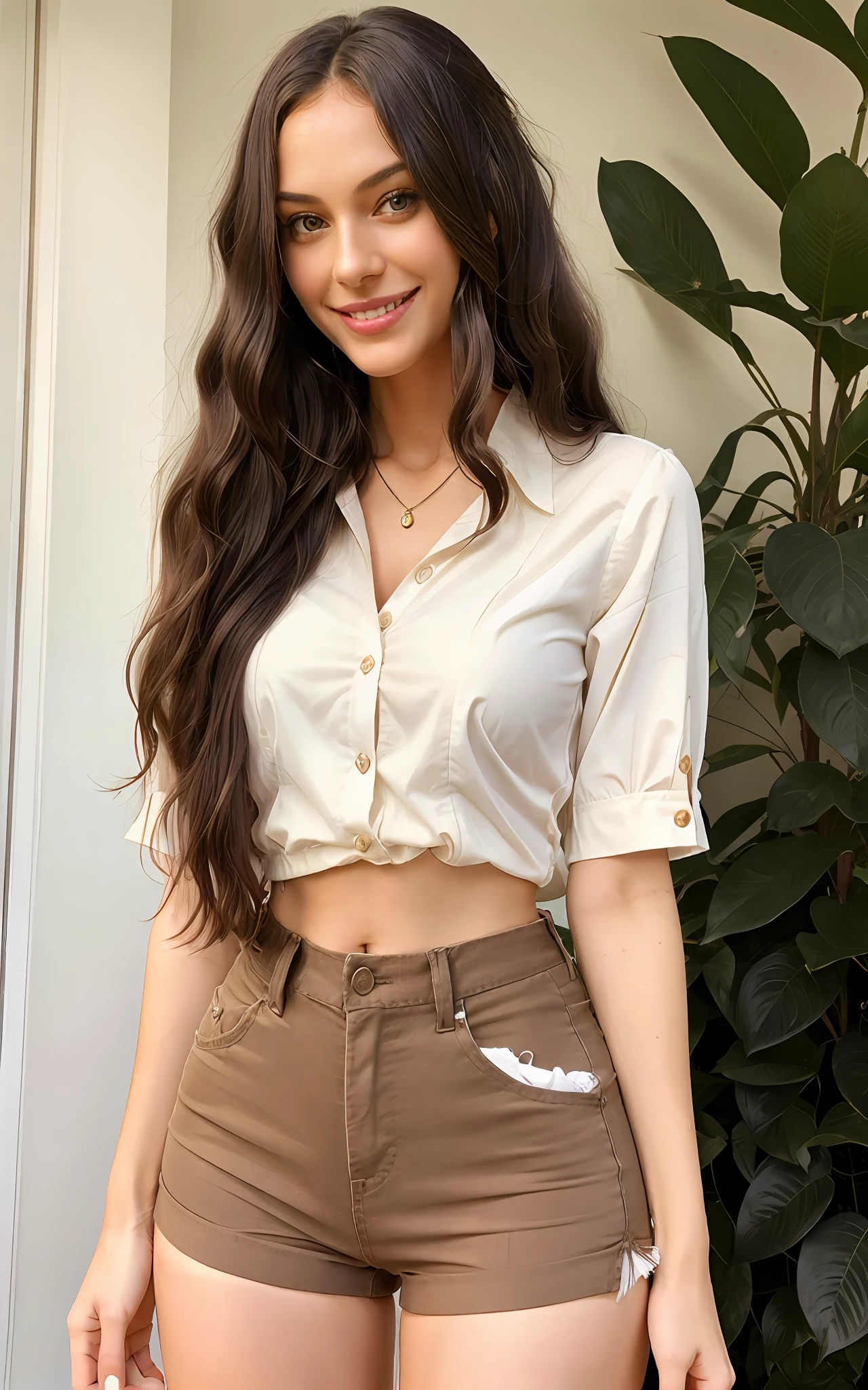 1 adult woman, long hair, curly hair, black colored hair, soft skin, brown eyes, smile, sky, plants, EZwear Buttons on the front Occasional simple White blouse, beige high waist shorts, beautiful smile