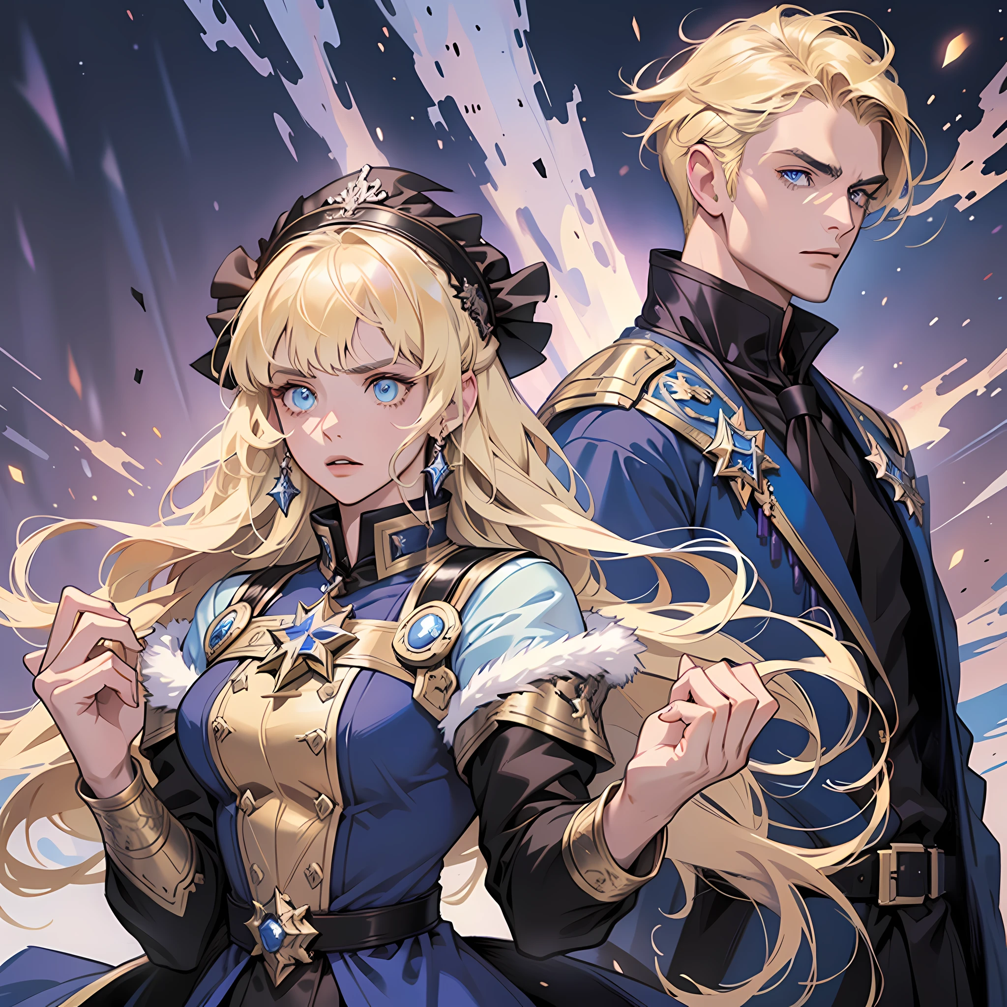 style of Gabriel Picolo, two characters, brother and sister, blonde man in a blue shirt and a black cloak with fur, blonde girl with blue eyes in a purple dress, beauty, aristocrat, tall anime guy with blue eyes, high quality, detailed, anime, high quality, high detail aristocrats, royalty, (luminous particles: 1,3), moonlight, lens flare, (cinematic light),  illustration, royalty, [: (detailed face: 1.2): 0.2], detailed, detailed clothing, (detailed background: 1.3), dynamic pose, 30 years old, concept art, splashart, particles, wind, snow, winter, simple background with gear elements, cool shades, different poses, side view, front view, dynamic pose, anime frame, cartoon frame, epic frame