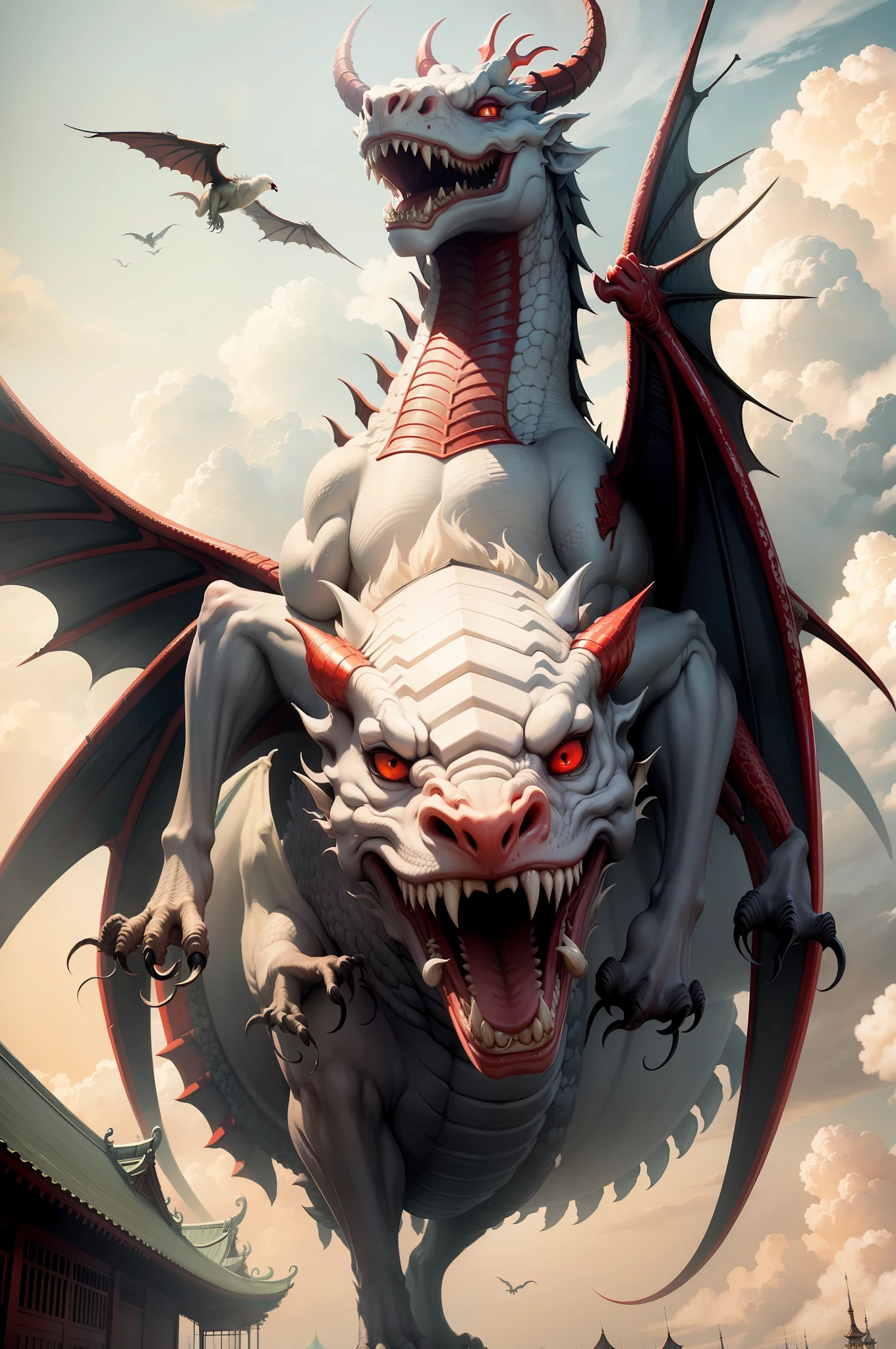 Best quality, masterpiece, super high resolution (length: 1.2), clouds, architecture, East Asian architecture, red eyes, horns, open mouth, sky, fangs, oriental dragon, cloudy sky, teeth, flight, fire, bird, wings