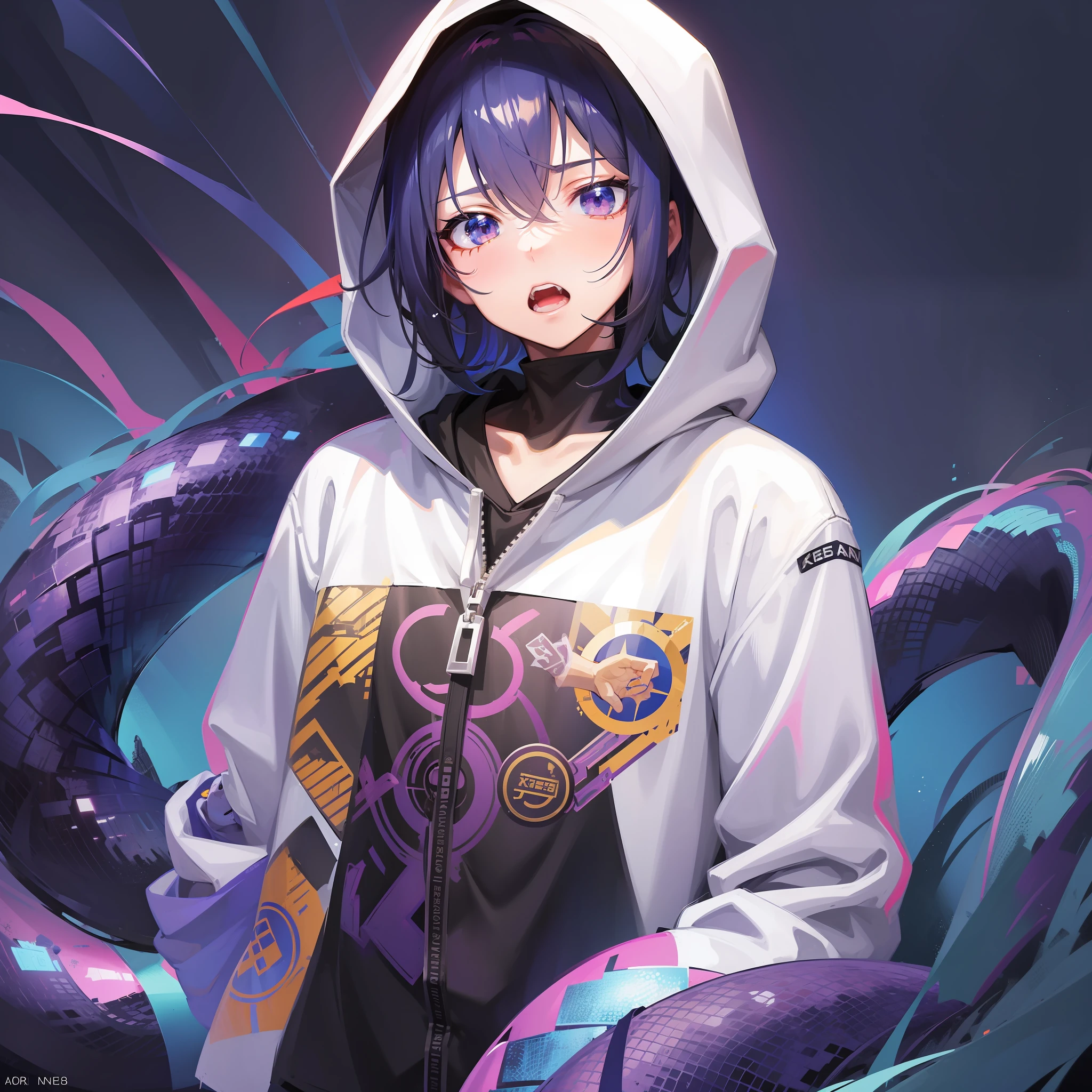 Boy in hoodie, index finger to mouth, facing camera, upper body, a big snake, snake sticker, key anime art, projectile on broken digital art, anime art wallpaper 8K, anime style 4K, badass anime 8K