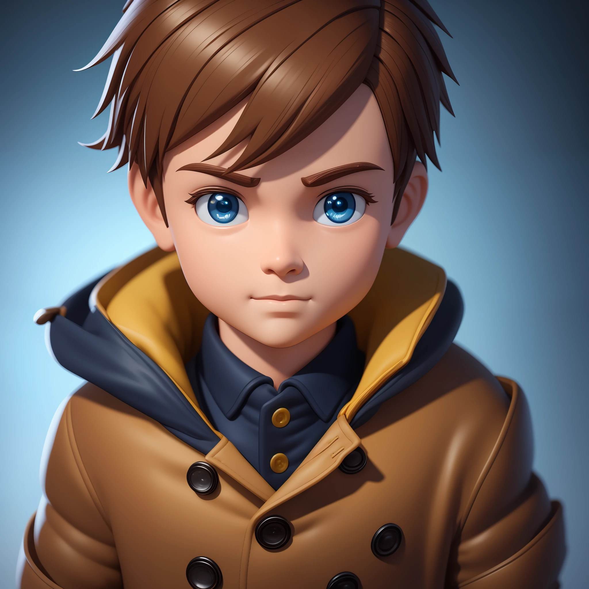 A closeup of a toy of a boy wearing a coat, adorable digital painting, 3D character art, high quality character design, small character. Unreal Engine 5, 8k portrait render, digital character painting, toon render keyshot, portrait of a small character, cute 3 d render, portrait character design, 3 d character concept artwork, closeup character