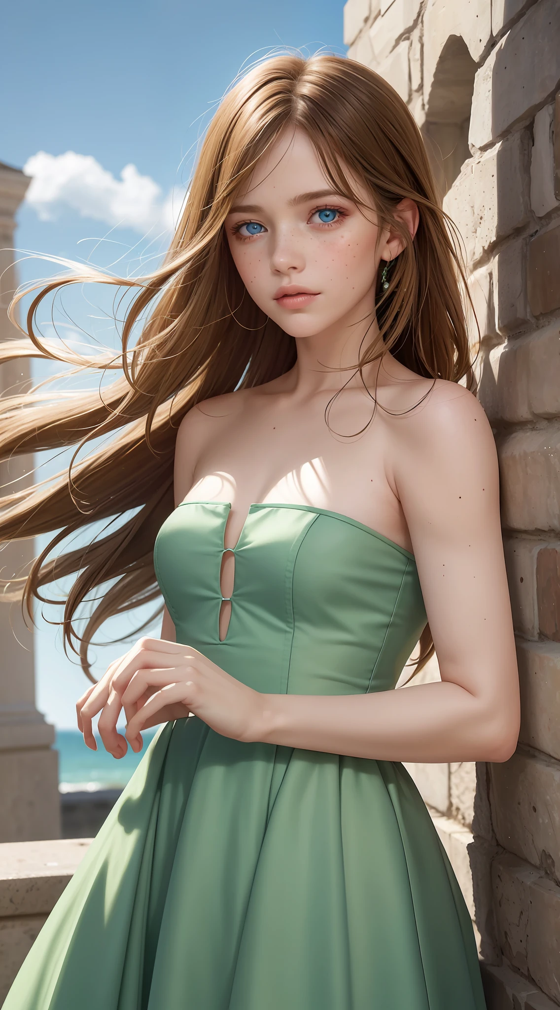 best quality, masterpiece, brunette hair, blue eyes, head up, upper body best quality, masterpiece, upper body, woman, freckled face, wind blonde hair, emerald eyes, modern strapless dress
