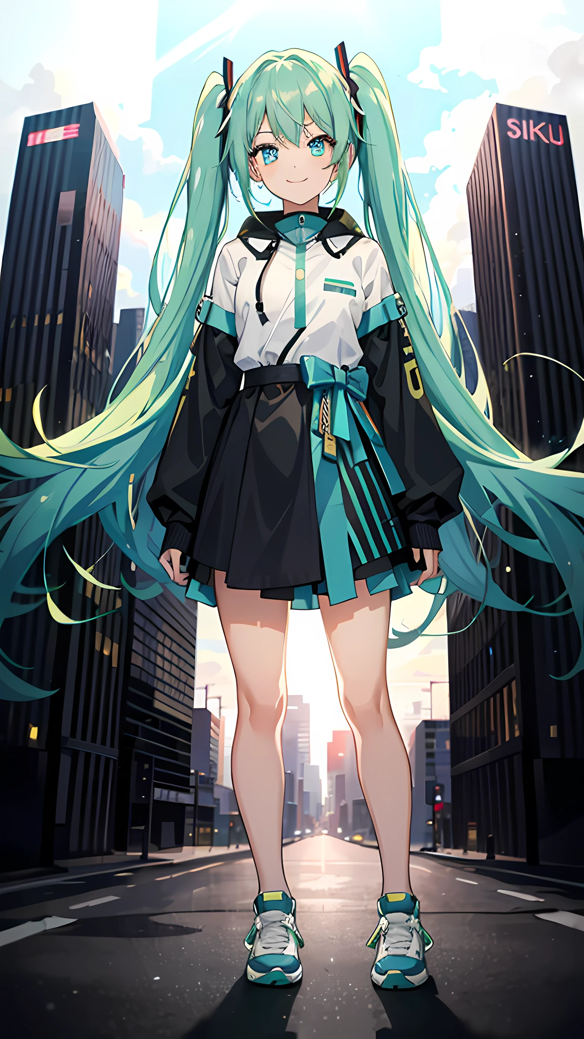 (Masterpiece, Top Quality), backlit, lens flare, super detailed, illustration, colorful, (1girl), (standing), Miku Hatsune, innocent, dark green hair, twintails, very long hair, blue eyes, glowing eyes, relaxed face, hair between eyebrows, shining hair, (happy, smile), glowing skin, sneakers, bright, beautiful details sky, city, street, skyscraper, Tokyo, Shibuya
