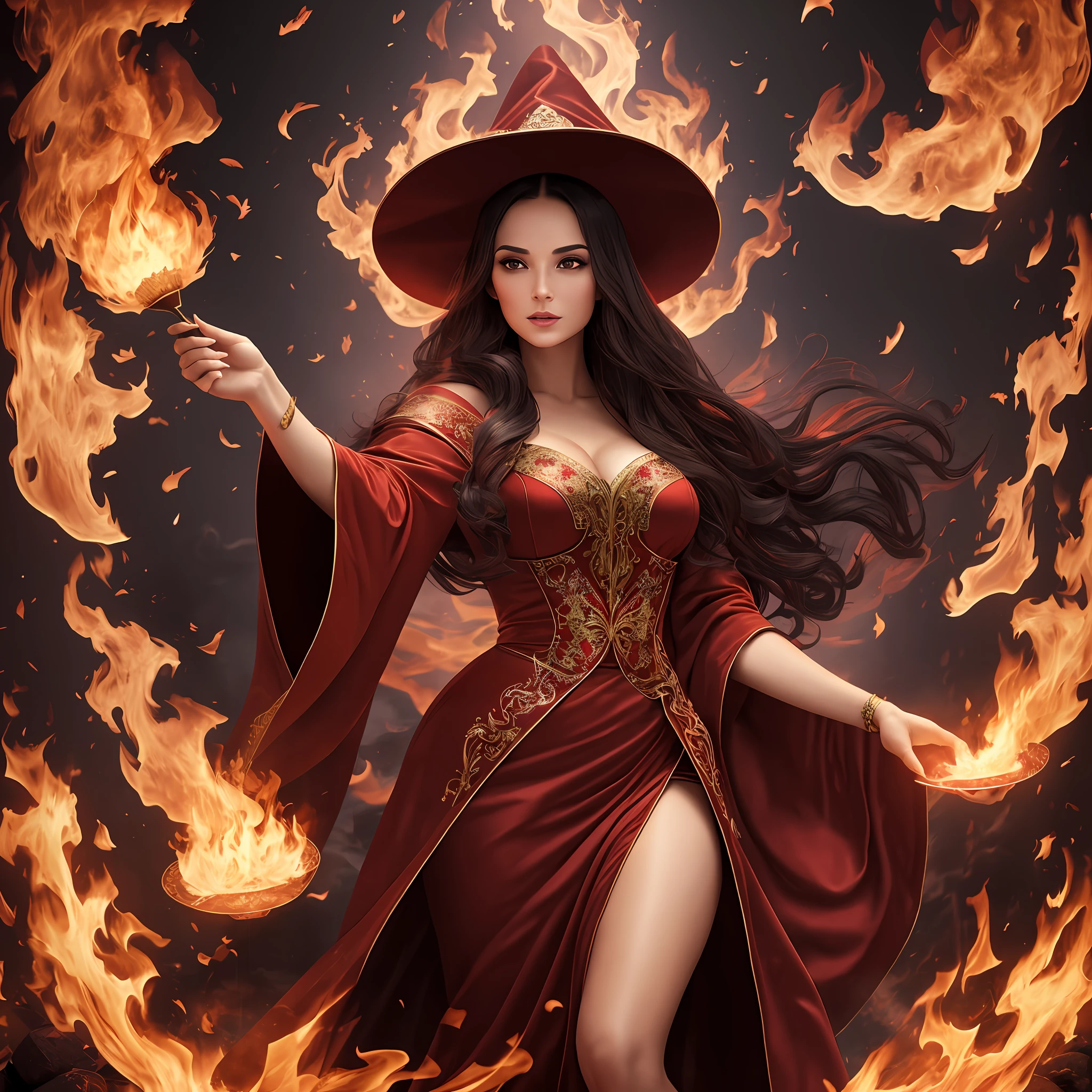 High Frequency: 1.8, Rich Detail, Masterpiece, 8K, Beautiful Sexy Witch in Dark Red Robe Standing in front of Fire, 28 years old, dancing, waving paper fan with both hands, paper fans are on fire, flame burning priestess robe, burning battlefield background, --auto --s2