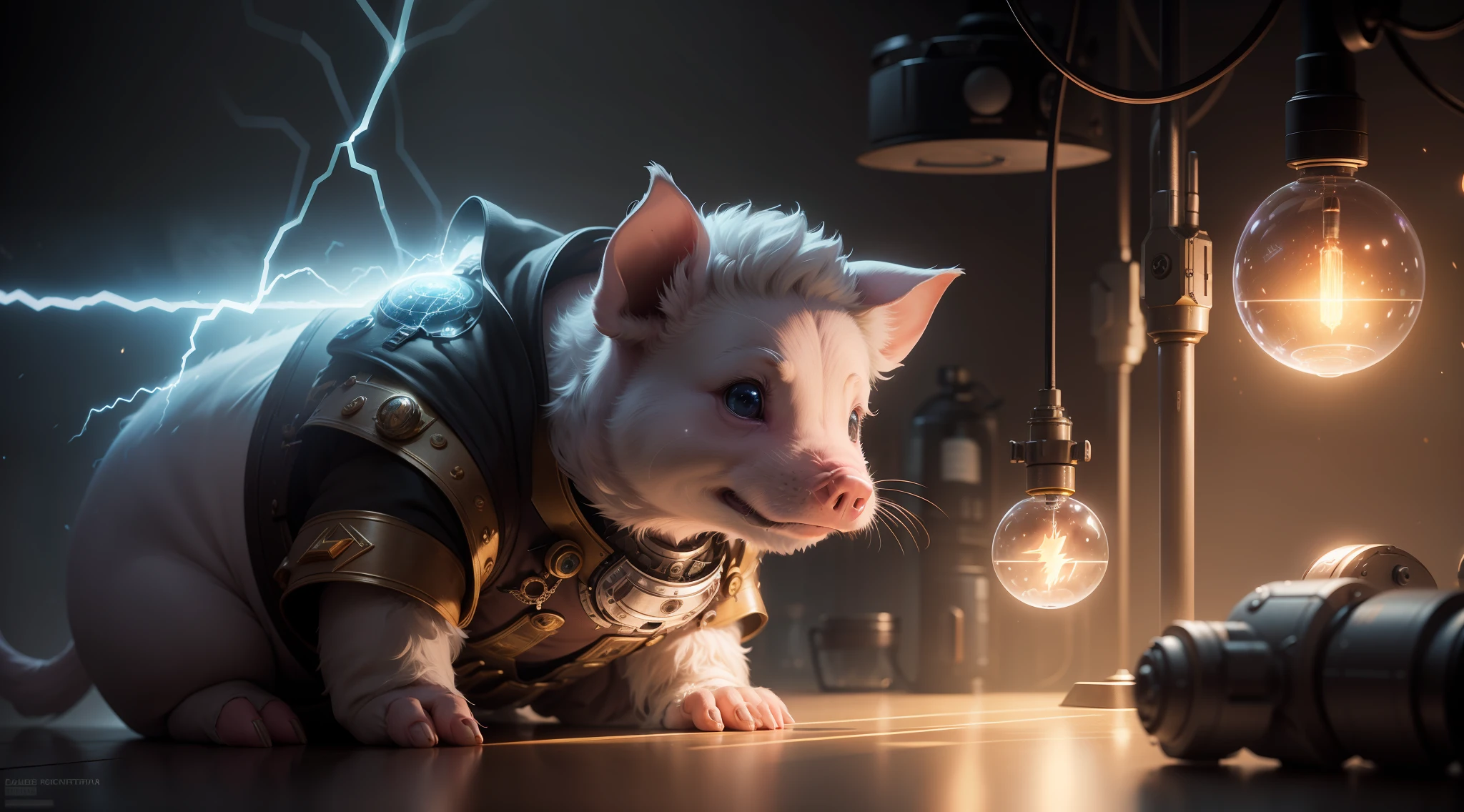 /Imagination Tip: In the lab, a piglet touches a quantum electromagnetic ball, Pain steampunk Piglet: :15, Pain Piglet, Lightning, A lot of lightning::18, Quantum electromagnetic sphere emitting::12, Piglet electrocuted::15, Diagonal composition::5, Profle::12, Unreal Engine::14, Cinematic light::10, Volumetric light::10, Drama: :8, Fantasy::7, Super mass::8, Futuristic Lab::13, Steampunk: 15 --Seed 4294967295--S 400 --Q 2--C 40