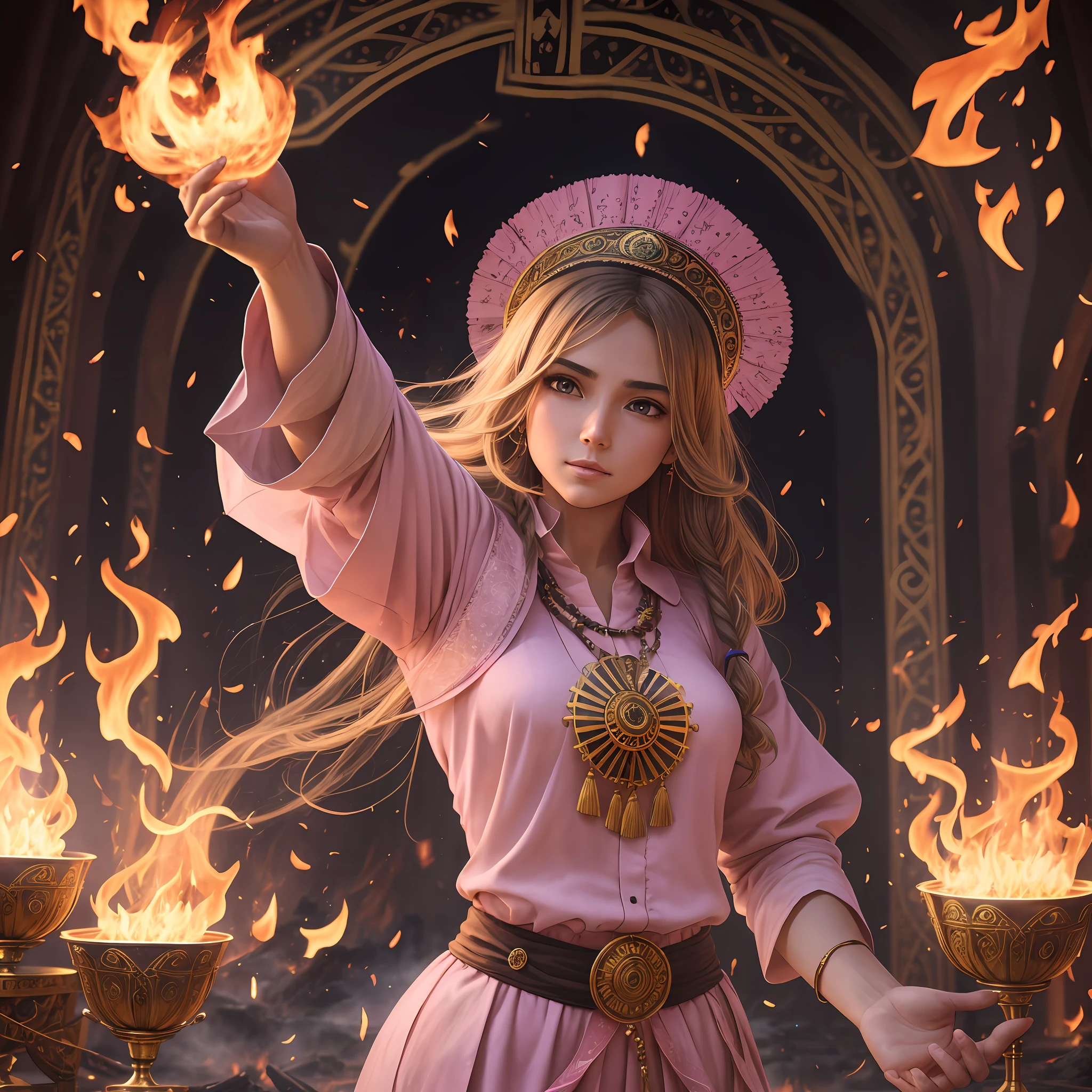 High Frequency: 1.8, Rich Detail, Masterpiece, 8K, Beautiful Priestess in Pink Shirt Standing in front of Fire, Dancing, Hands Waving Fan, Fan on Fire, Flames Surround Priestessess, Burning Battlefield Background, --auto --s2