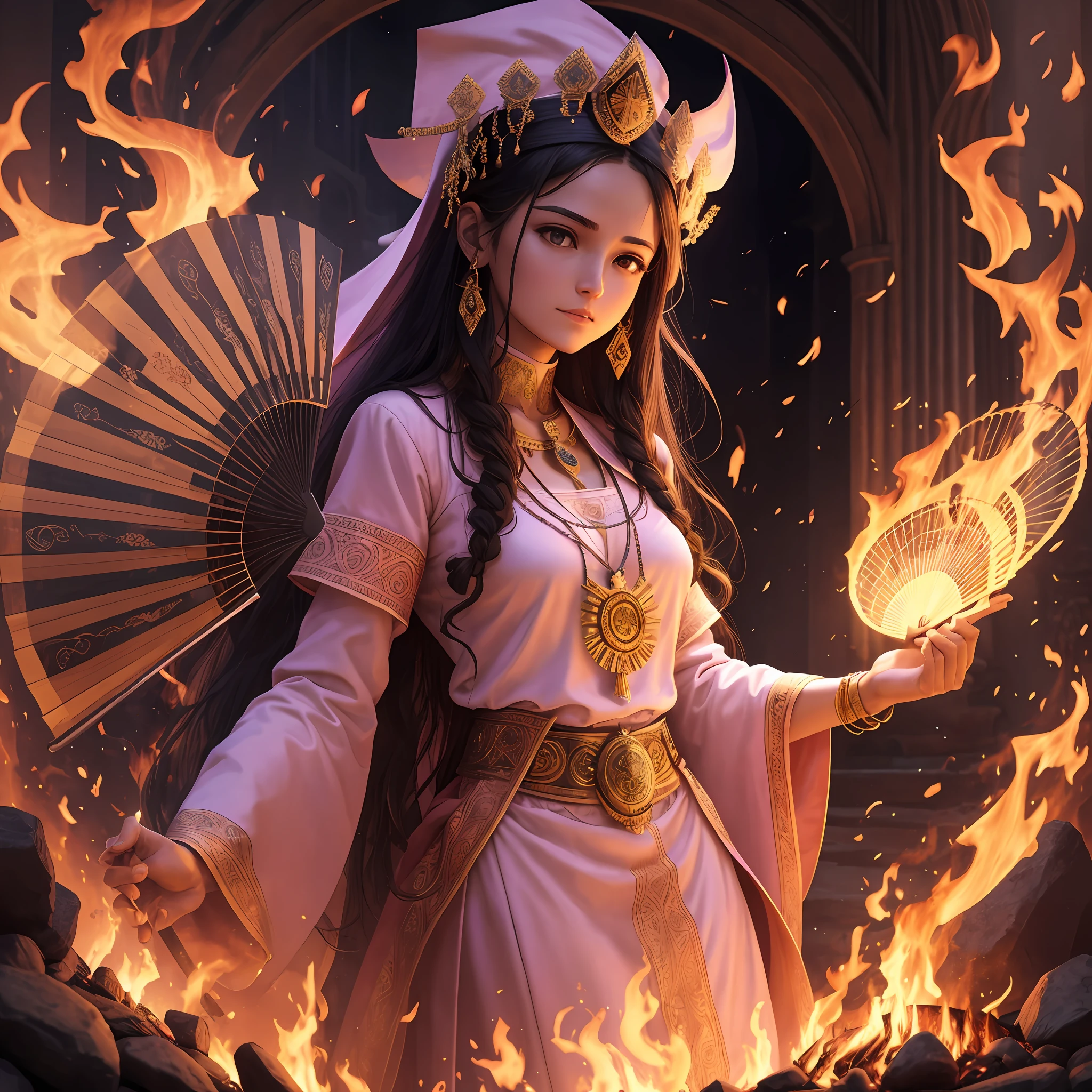 High Frequency: 1.8, Rich Detail, Masterpiece, 8K, Beautiful Priestess in Pink Shirt Standing in front of Fire, Dancing, Hands Waving Fan, Fan on Fire, Flames Surround Priestessess, Burning Battlefield Background, --auto --s2