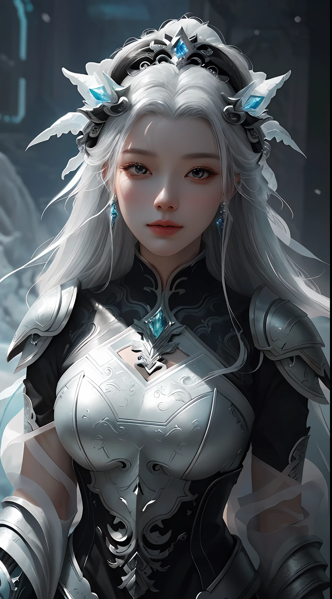 a close up of a woman in a black and white dress, chengwei pan on artstation, by Yang J, detailed fantasy art, stunning character art, fanart best artstation, epic exquisite character art, beautiful armor, extremely detailed artgerm, detailed digital anime art, artgerm on artstation pixiv, armor girl, icy crown, Full body