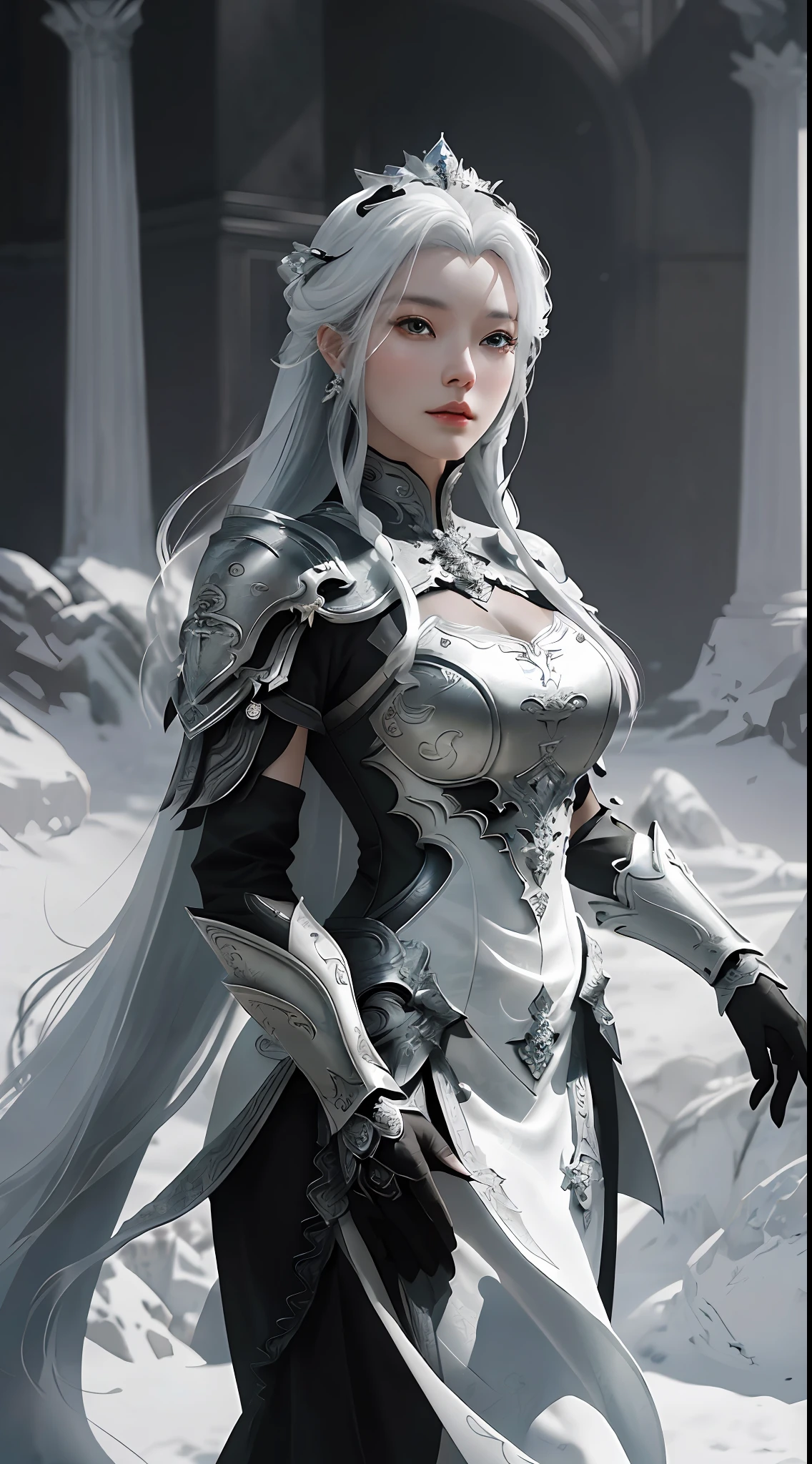 a close up of a woman in a black and white dress, chengwei pan on artstation, by Yang J, detailed fantasy art, stunning character art, fanart best artstation, epic exquisite character art, beautiful armor, extremely detailed artgerm, detailed digital anime art, artgerm on artstation pixiv, armor girl, icy crown, Full body