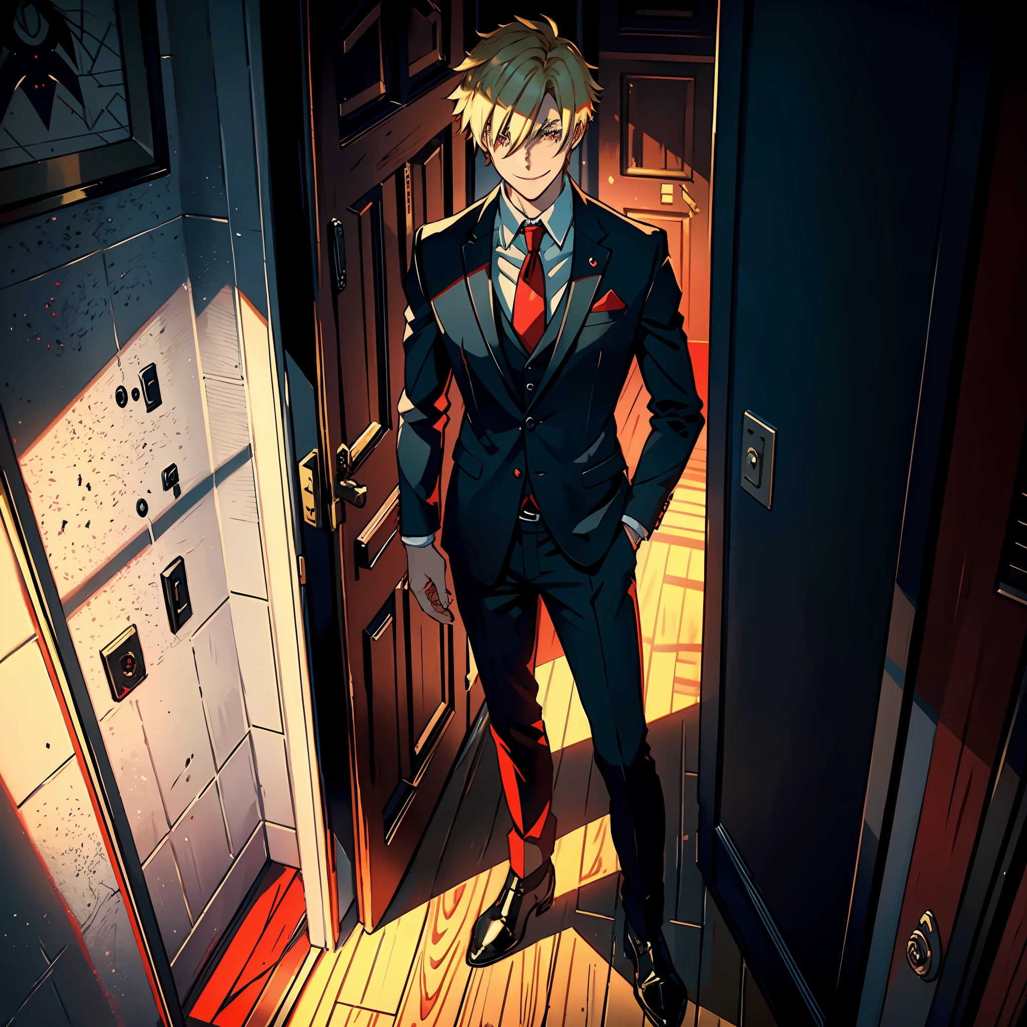 1 man, blonde, red eyes, black suit, smiling expression, demon corner, standing in the doorway, body search