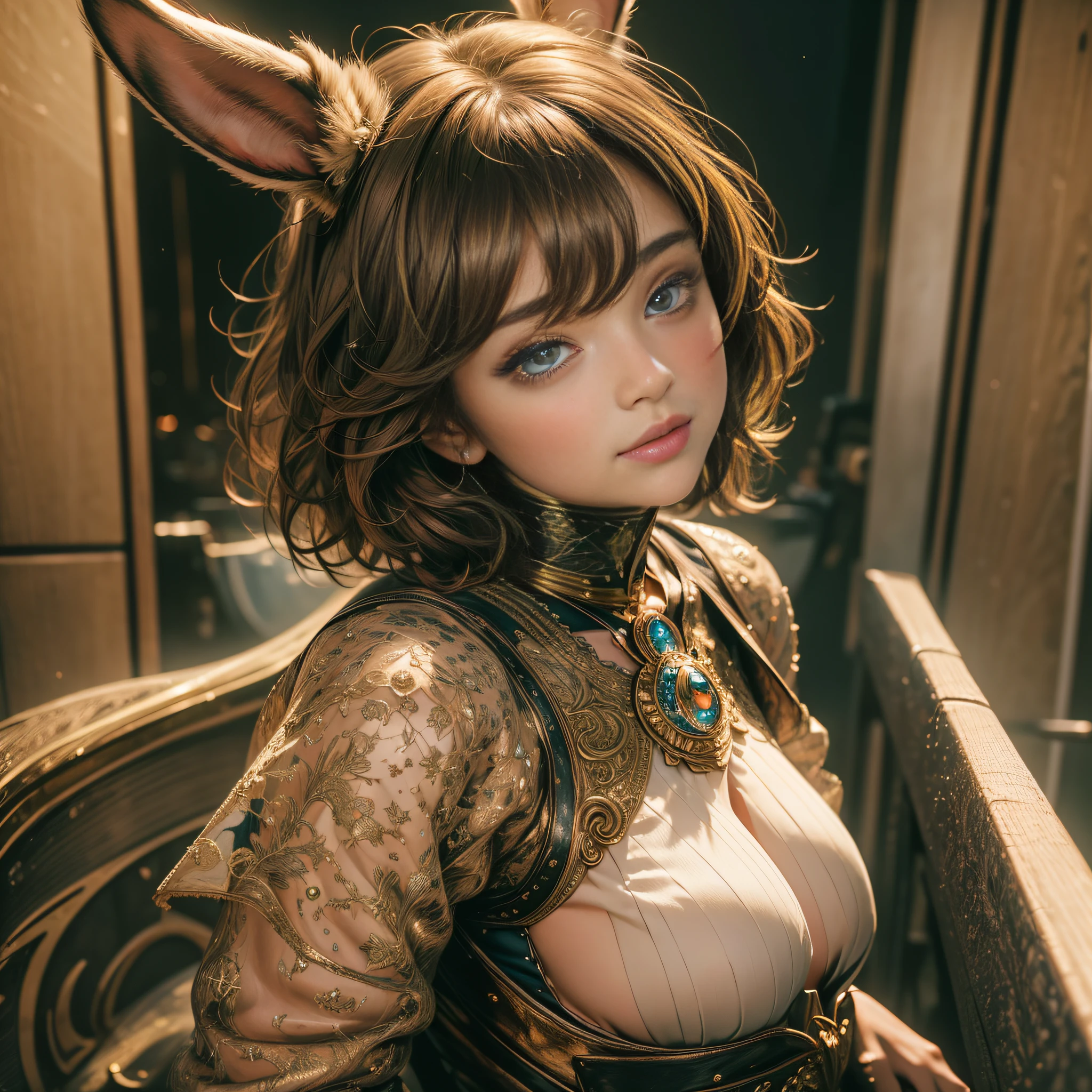 (masterpiece, sidelighting, finely detailed beautiful eyes: 1.2), masterpiece*portrait, realistic, 3d face, arousing, lewd, bunny girl, brown hair, short hair, perfect artwork, lustrous skin, upper body, rolling eyes, ahegao, simple background, studio lighting, indoor,