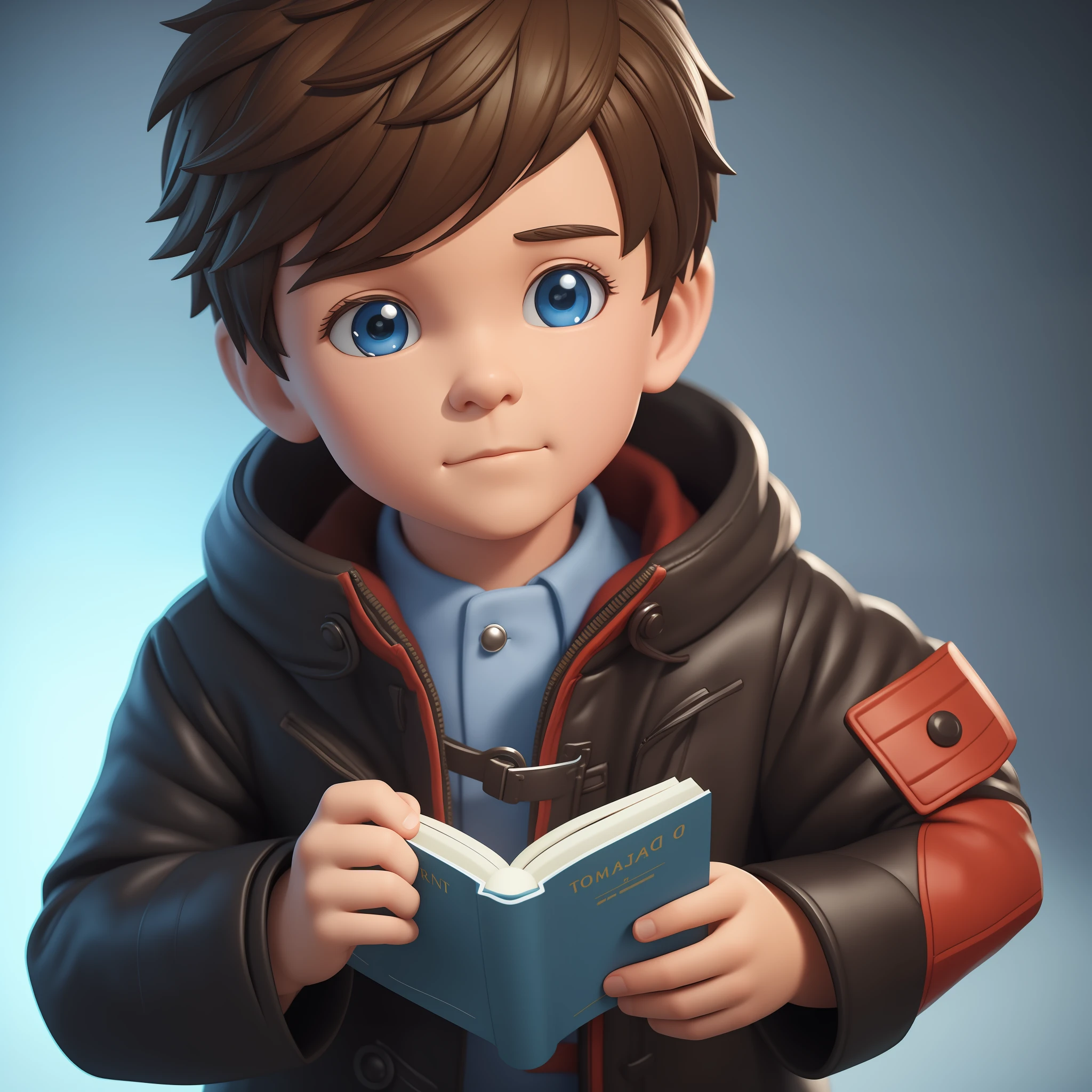 A closeup of a toy of a boy wearing a coat, reading the Bible adorable digital painting, 3D character art, high quality character design, small character. Unreal Engine 5, 8k portrait render, digital character painting, toon render keyshot, portrait of a small character, cute 3 d render, portrait character design, 3 d character concept artwork, closeup character