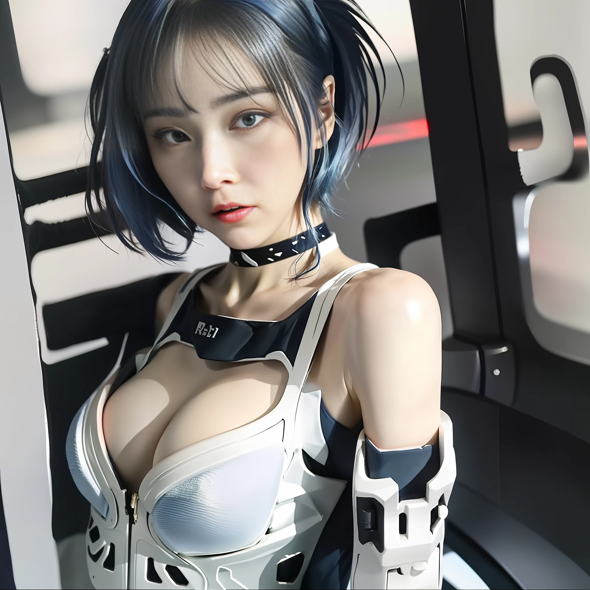 Top Quality, Ultra High Definition, (Photorealistic: 1.4), Blue Eyes, Watch Viewer, Blush, Red Lips, (ulzzang-6500-v1.1:1), Rei Ayanami, Enhanced Suit (Best Quality, 8k, 32k, Masterpiece, UHD: 1.2), Detailed Eyes, Black Eyes, Double Eyelids, Watch Viewer, (Big: 3) (Cleavage: 1.2), Japan Anime, Evangelion, Rei Ayanami, Japan idol, Japan, Asian woman, hands raised, big, protruding breasts, studio color, plug suit, 15~20 years old, long eyes, blue short hair, narrow eyes, Buddha eyes, open mouth, serious eyes, warrior, dark blue hair,