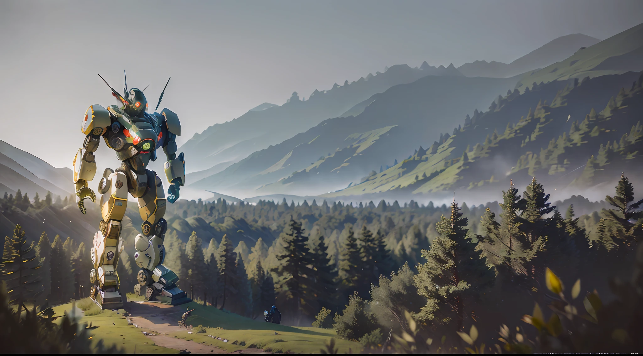 a giant robot [mecha] walking over a forest seen in the distance, small humans living in a nearby village looking and pointing at the robot frightened, focus on the robot, ultrarealistic, photography, realistic lighting, approximate focus, slightly blurred background -air 16:9 - --auto --s2