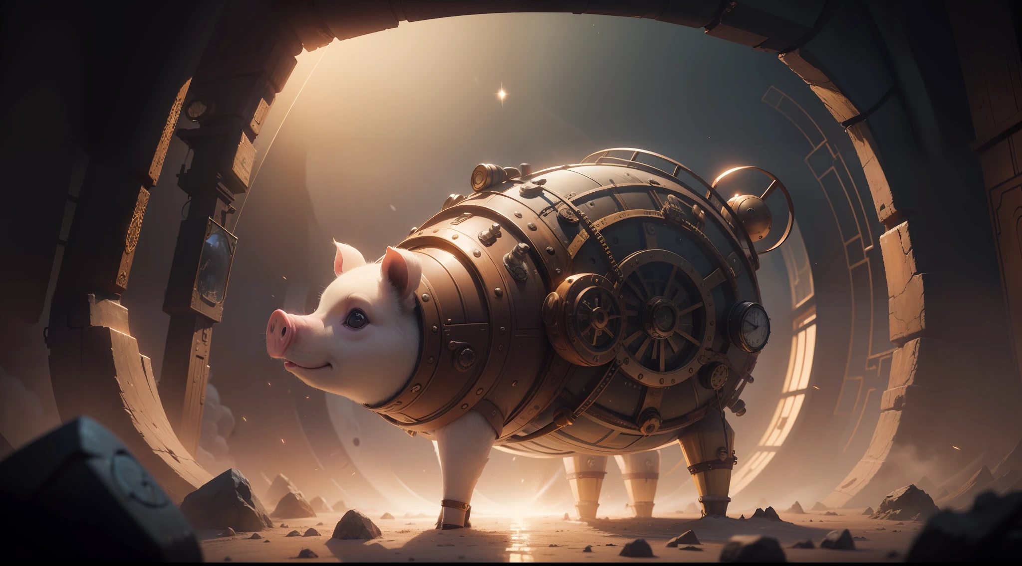 /imagine prompt: illustration of In the time tunnel, a Steampunk piglet passes through time and space ,Steampunk's Piglet::15, Cute Little Pig::18, Traversal dimension::12, Time Tunnel::15, Centered Composition::5, Elevation perspective::12, Unreal Engine::14, Cinematic light::10, Volumetric light::10, Dramatic::8, Fantasy::7, hyper quality::8, Underworld::13, Steampunk::15 --seed 4294967295 --s 400 --q 2 --c 40