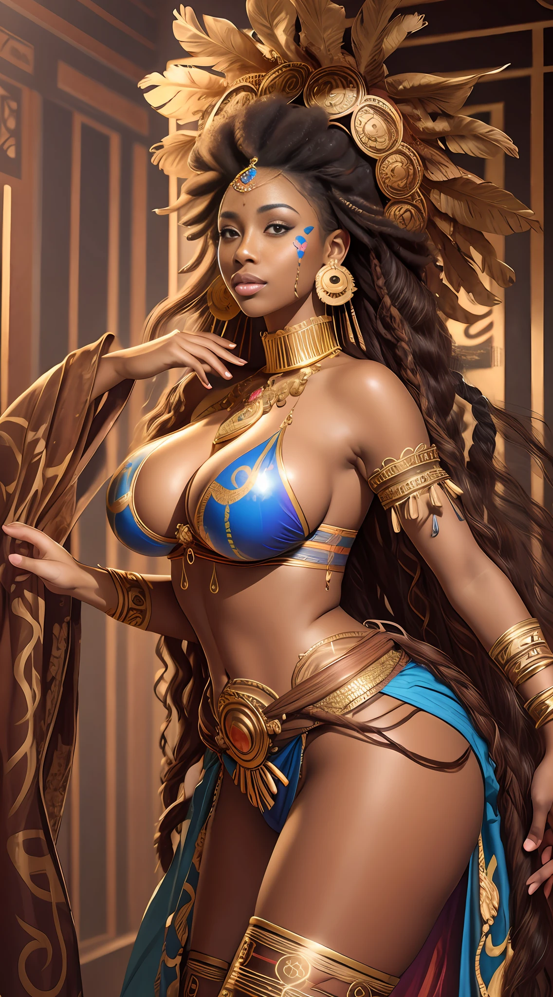 beautiful african goddess, luxuriant afro-textured messed rainbow hair, dark skin, heterochromia eyes, really curly hair, round belly voluptuous body, extreme tanned skin, extreme long black straight hair messes over naked boobs, huge chocolate headdress, big cheeks, long legs, curvy, chocolate and golden breast painting, breast painted golden and chocolate, indigenous golden and chocolate facial painting